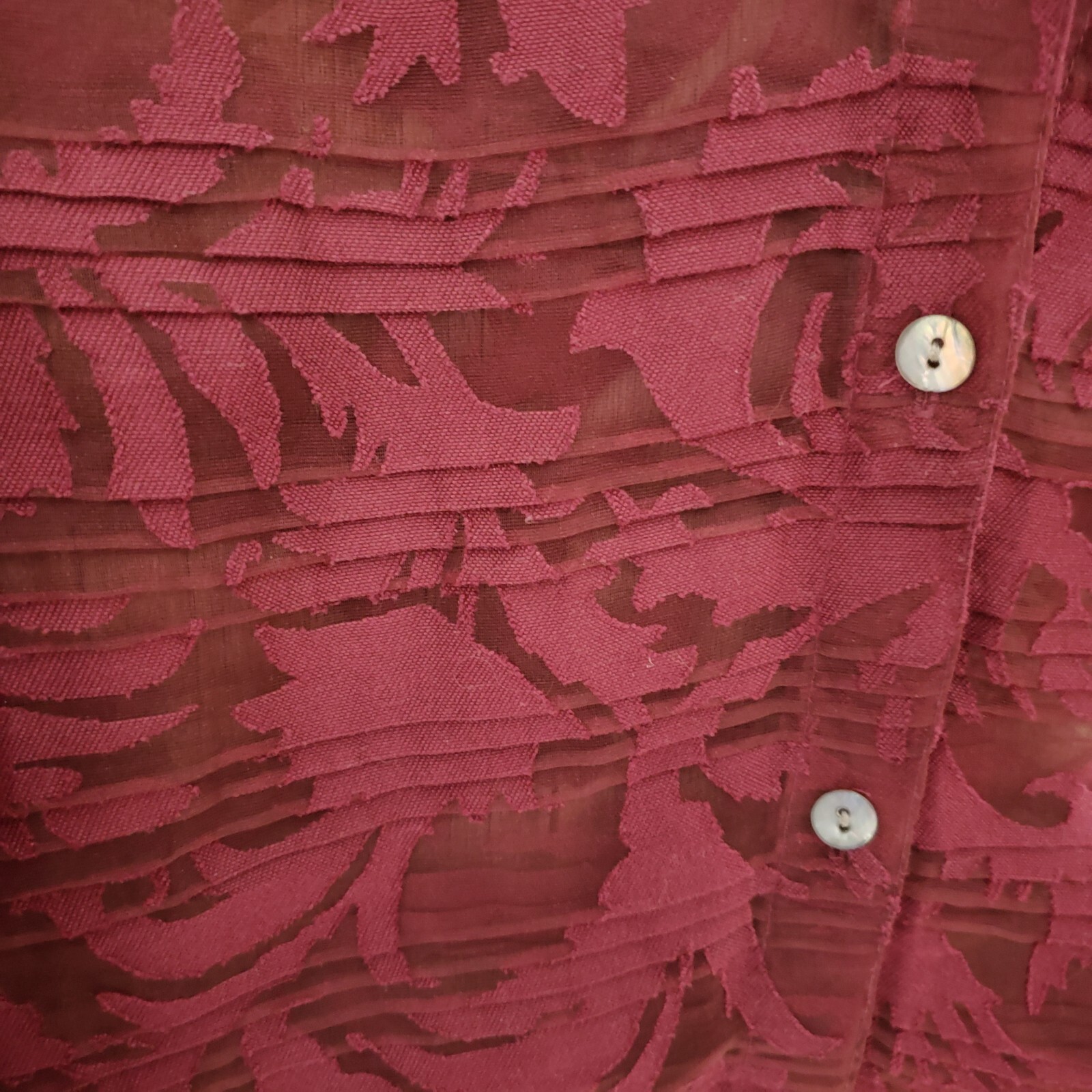 Mirasol Top Burgundy Sheer Button Burnout Office Indie Artsy Boho Chic Size M
