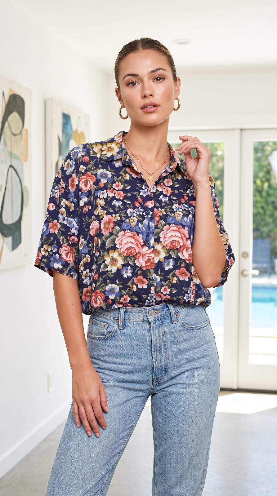 VTG Floral 90s Button Down Rayon Short Sleeve Blouse Deadstock NWT Cottage Camp
