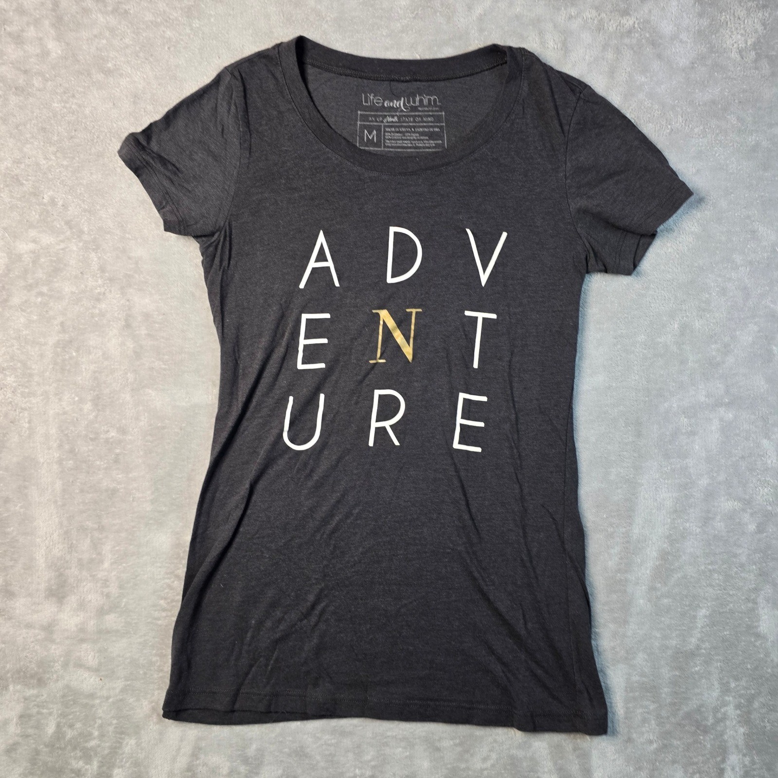 Life and Whim Adventure Graphic Tee Women Medium Gray Gold Foil Gorpcore Outdoor
