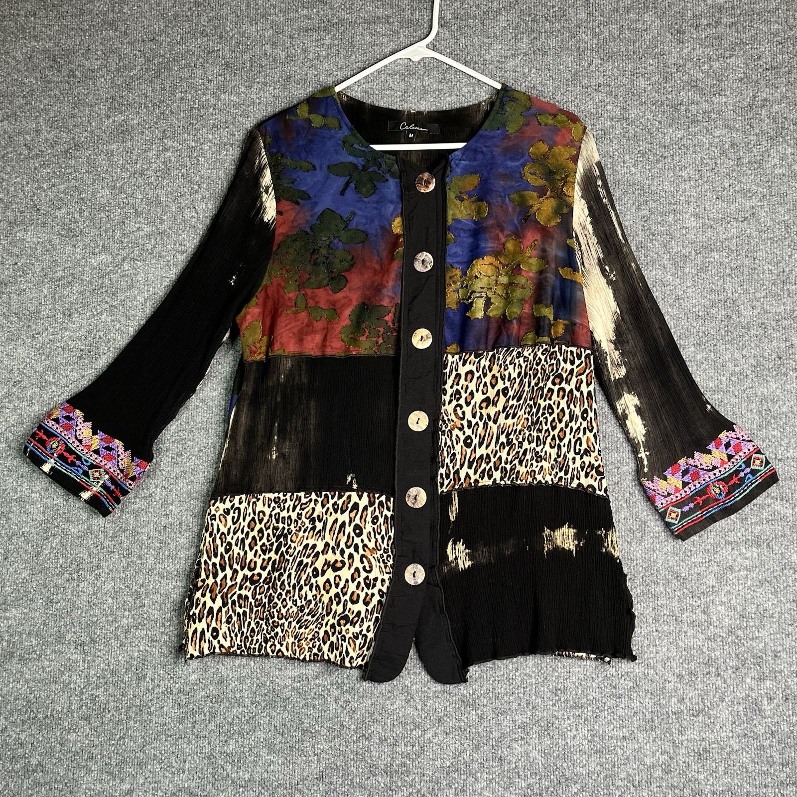 Calessa Top Women Medium Mix Patchwork Button Up Tunic Blouse Boho Art to Wear