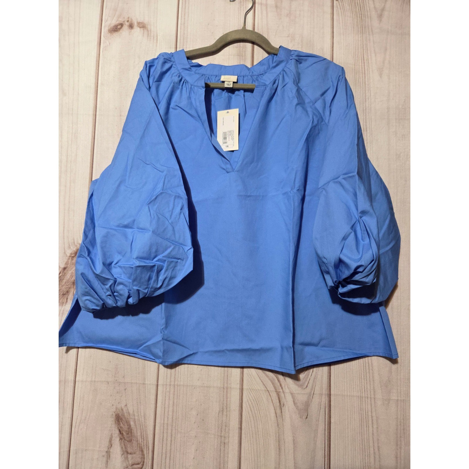A New Day Womens 1X Blue Puff Sleeve Split V-Neck Cotton Blouse Top NWT