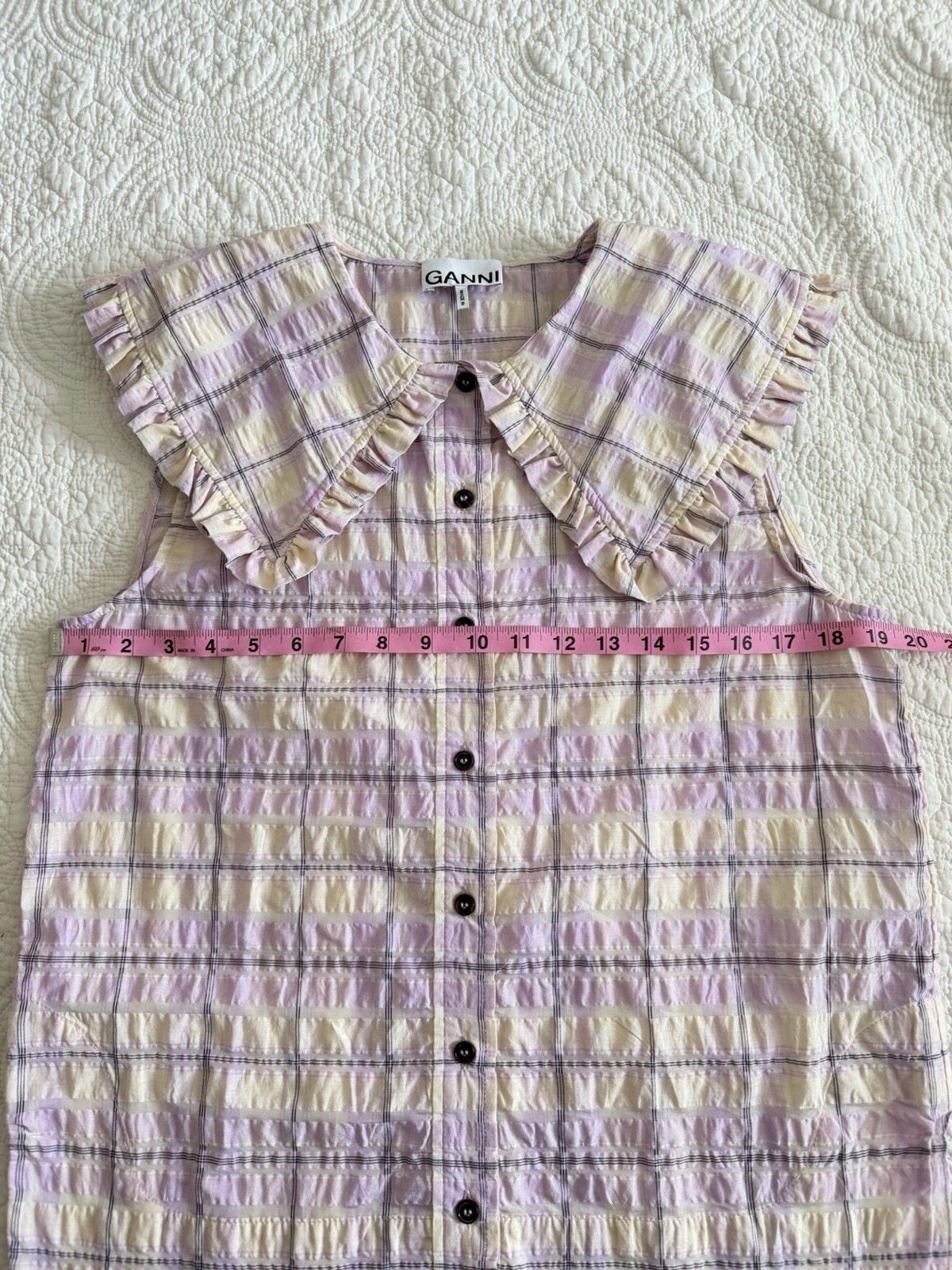 GANNI Womens Medium EU 40 Purple Check Ruffle Collar Blouse Scandi Feminine
