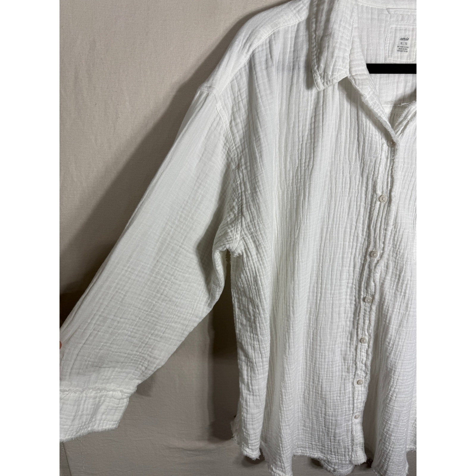 Aerie White Cotton Double Gauze Button Down Shirt Oversized Frayed Hem XL