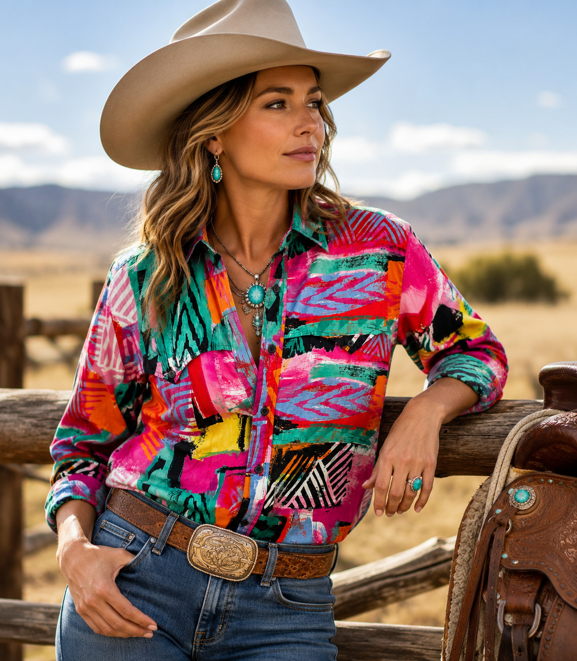 Steer West Women’s L Vintage Western Rodeo Shirt Southwest Abstract Print USA