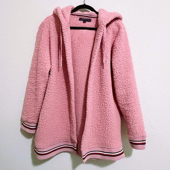Tommy Hilfiger Women’s Medium Pink Sherpa Hoodie Fleece Jacket Open-front Jacket