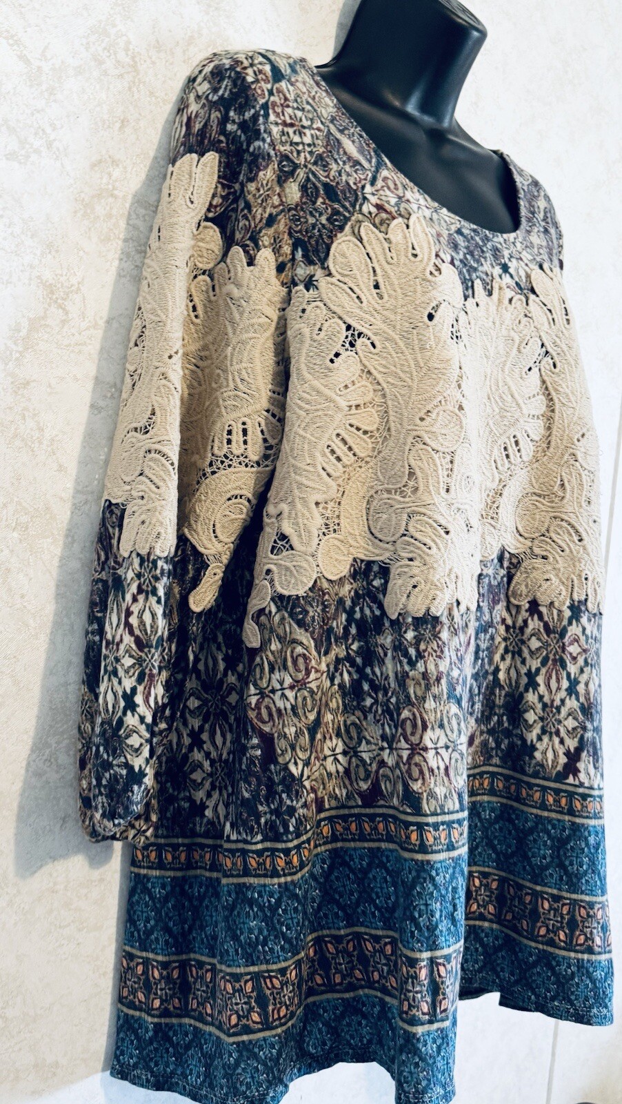 Vintage America Blues Missey Peasant Pull Over Blouse Size Large Tan Lace Panels