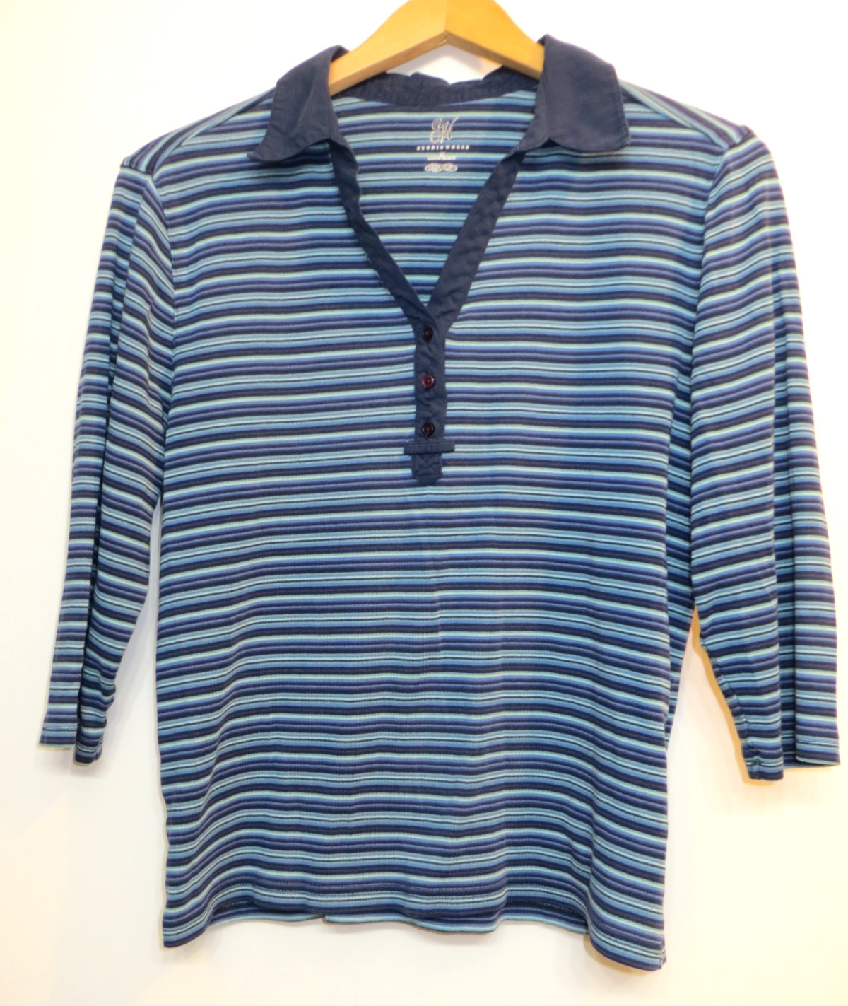 Studio Works Shirt Womens Medium Blue Striped Pullover Collared Stretch Top
