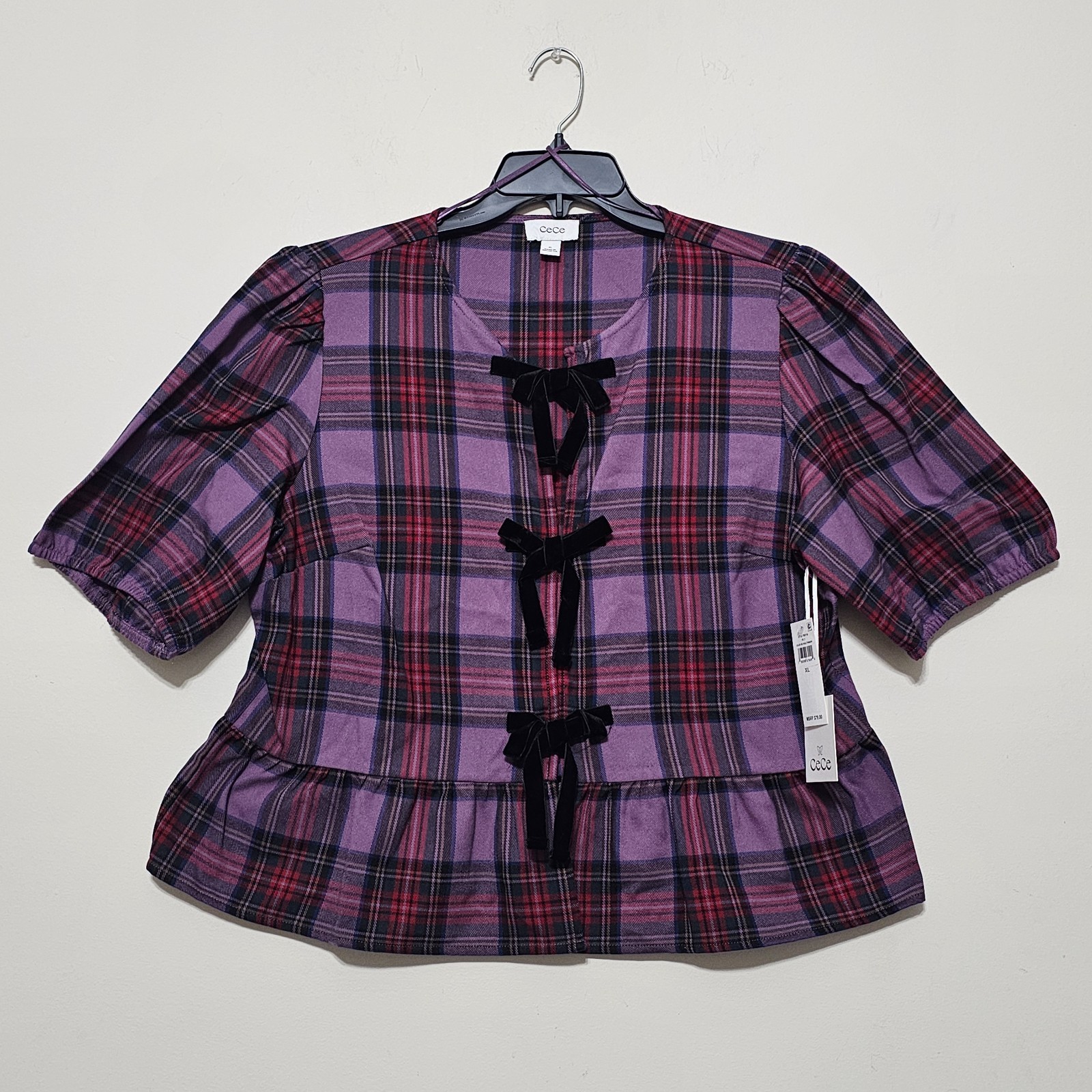 Cece Women’s Top Blouse Purple Plaid Puff Short Sleeves Front Bow Tie 1103