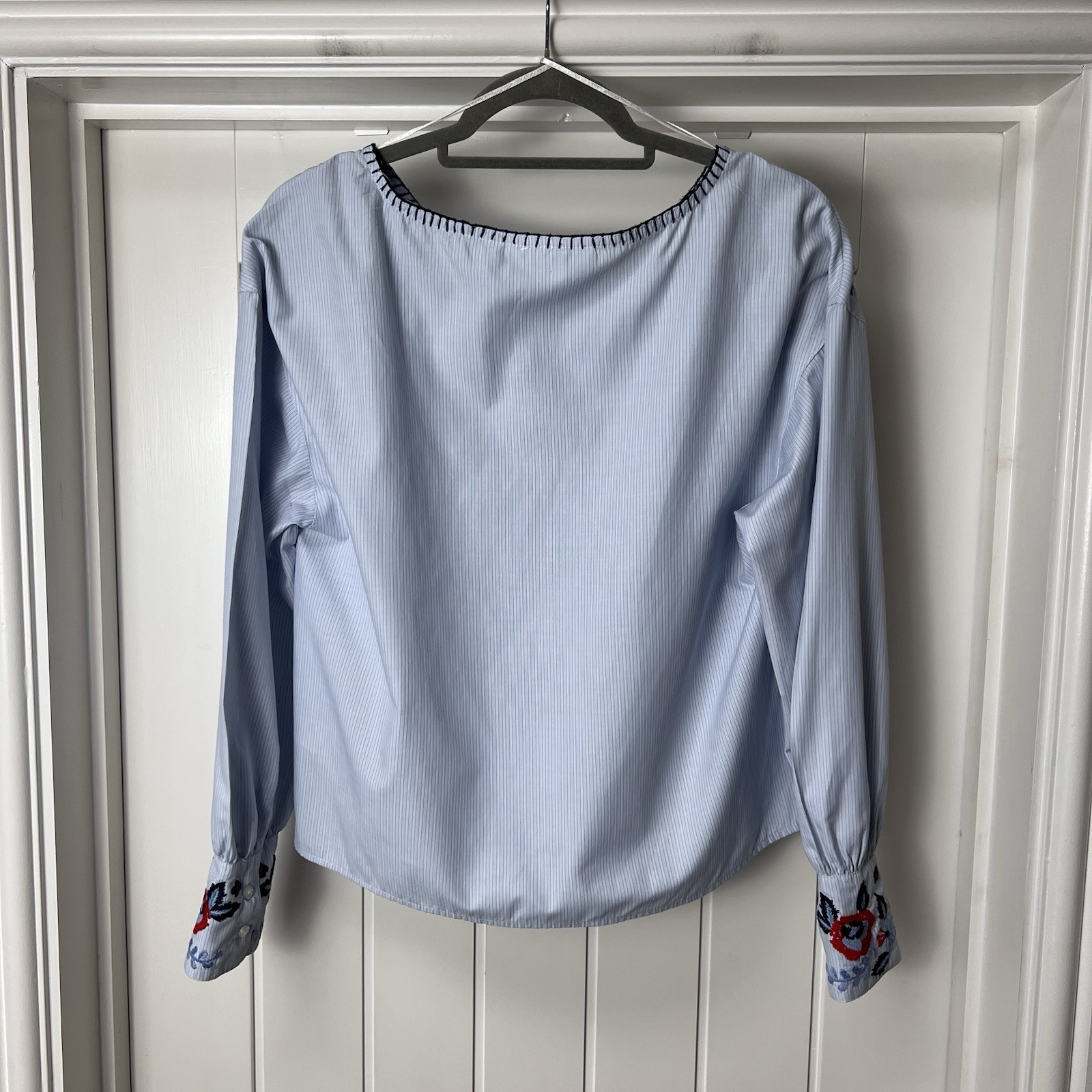 H&M Blouse Top Women’s UK 8 Blue Embroidered Long Sleeved Summer Casual Striped