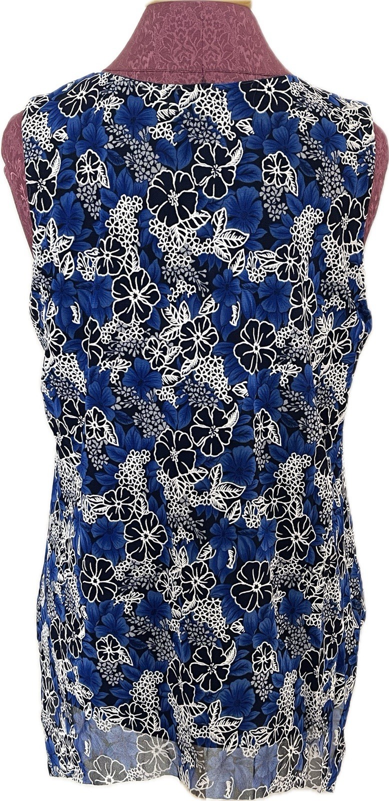 Espresso Women’s L Blue White Floral Sleeveless Tunic Asymmetrical Hem