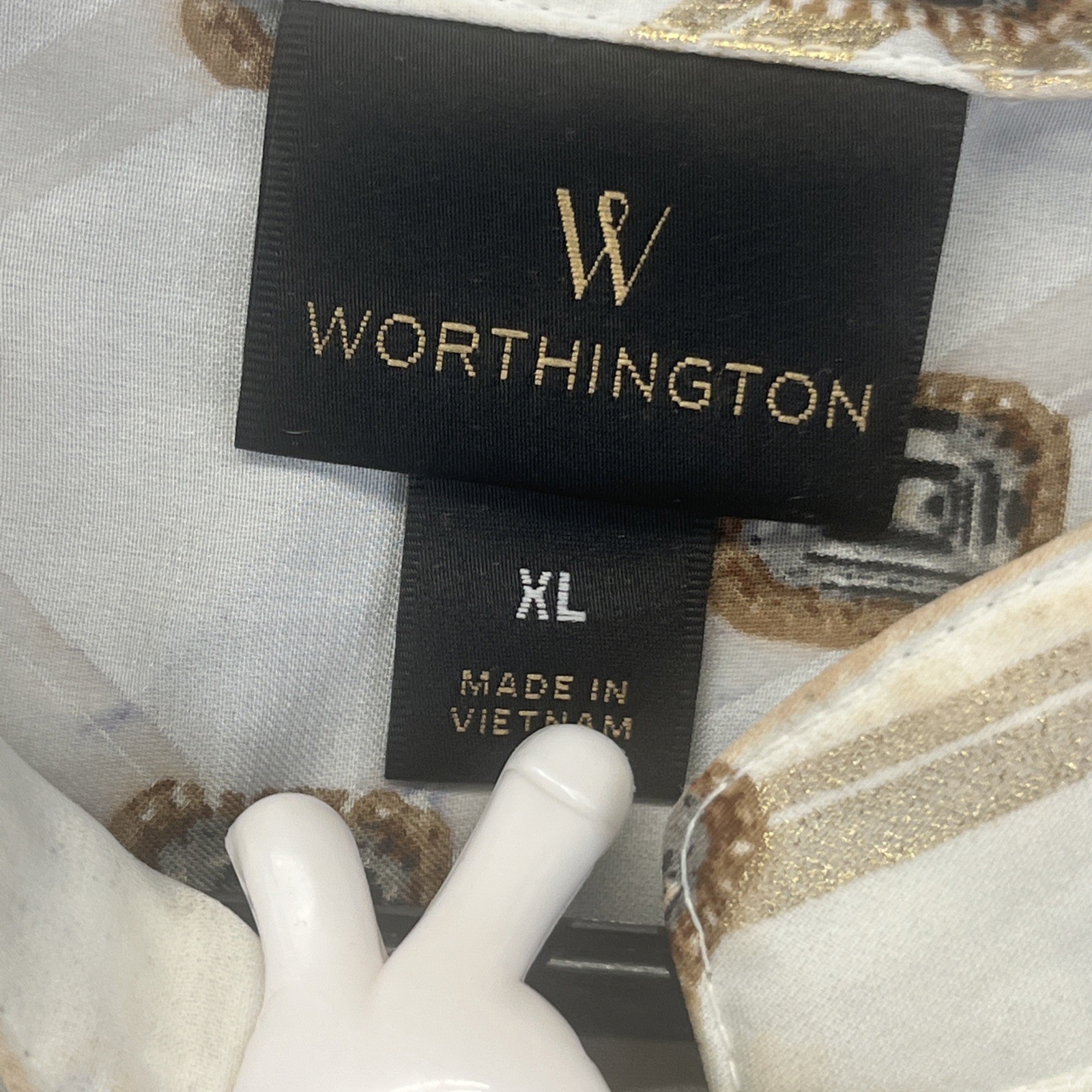 Worthington Womens Blouse XL White Button Up Diamond Pattern Ruffle Puff Sleeve