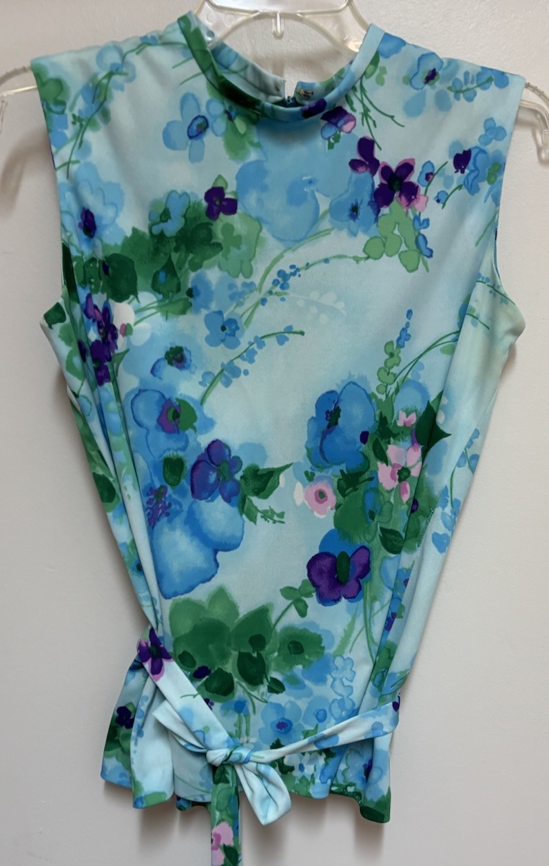 VTG 60’s70’s Woman’s Floral Sleeveless Shirt w/ Belt Retro MCM Mod Medium