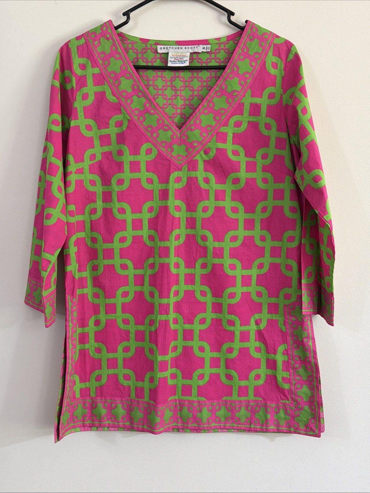 Gretchen Scott Small Cotton V Neck Tunic Top Pink Green Geometric Chain Link
