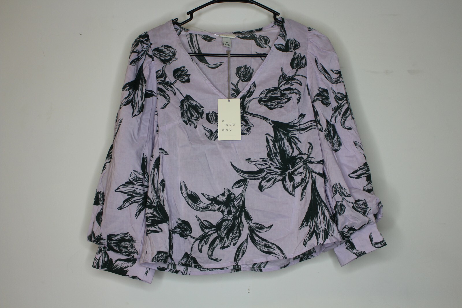 Womens A New Day Floral Print Bishop Long Sleeve Top Light Violet Size X-Small