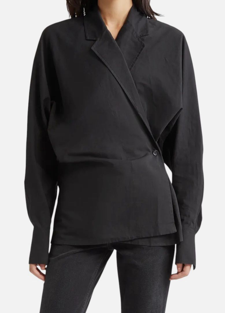 Totême Women’s Black Linen Notch Lapel Batwing Sleeve Wrap Blouse Top Size 40