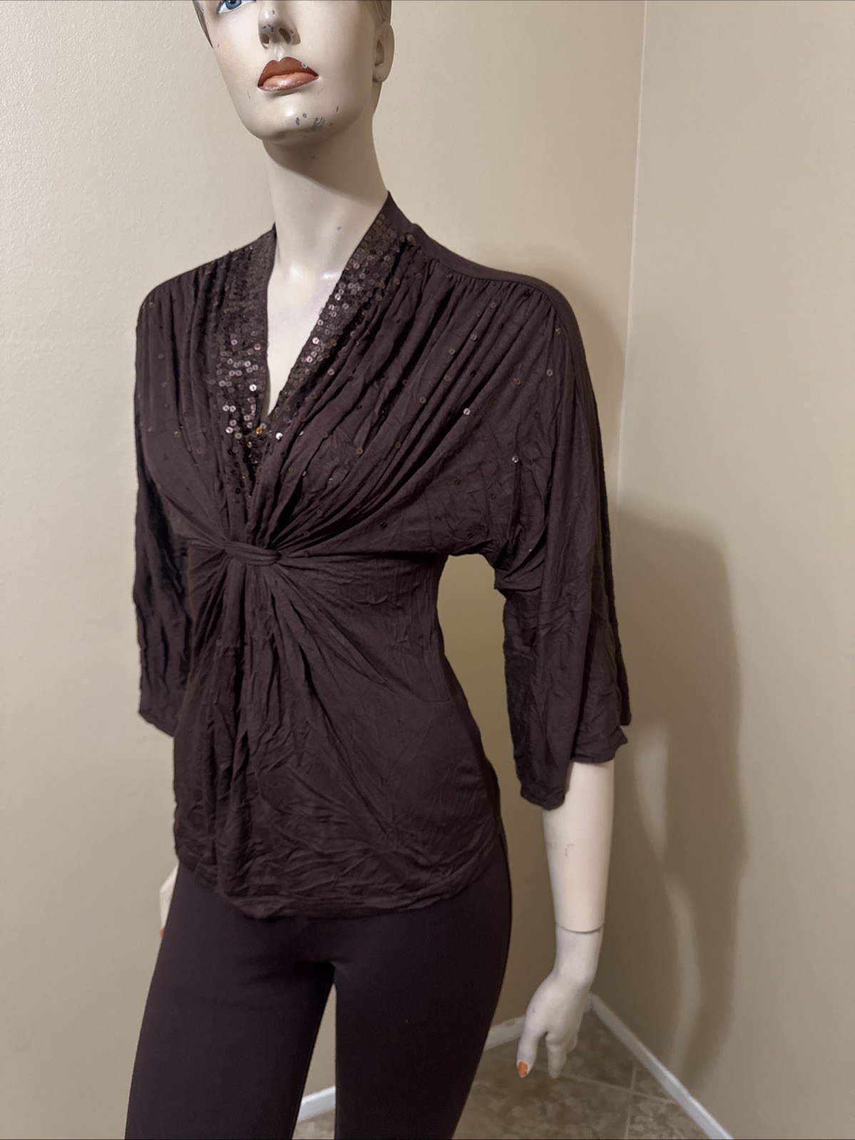 Women’s Brown Rayon Casual Pleated Stretch Beaded Bundle Size L Blouse Top