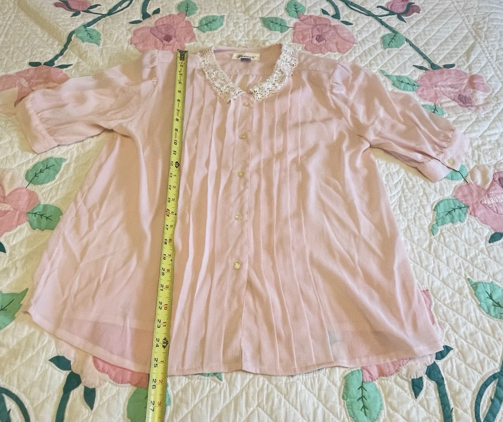 Pink Pastel Blouse Top Ivory Lace Collar 3/4 Sleeves Tucks Diversity Size 14