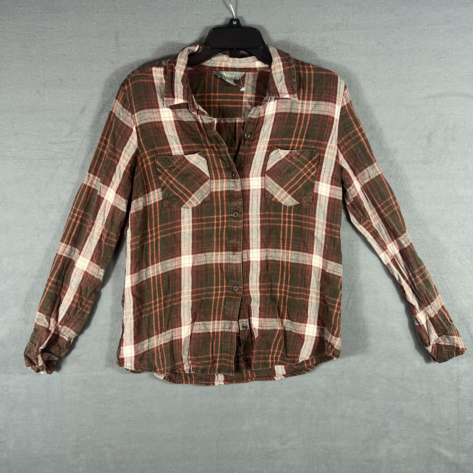 Natural Reflections Plaid Flannel Shirt Womens M Brown Orange White Button Up