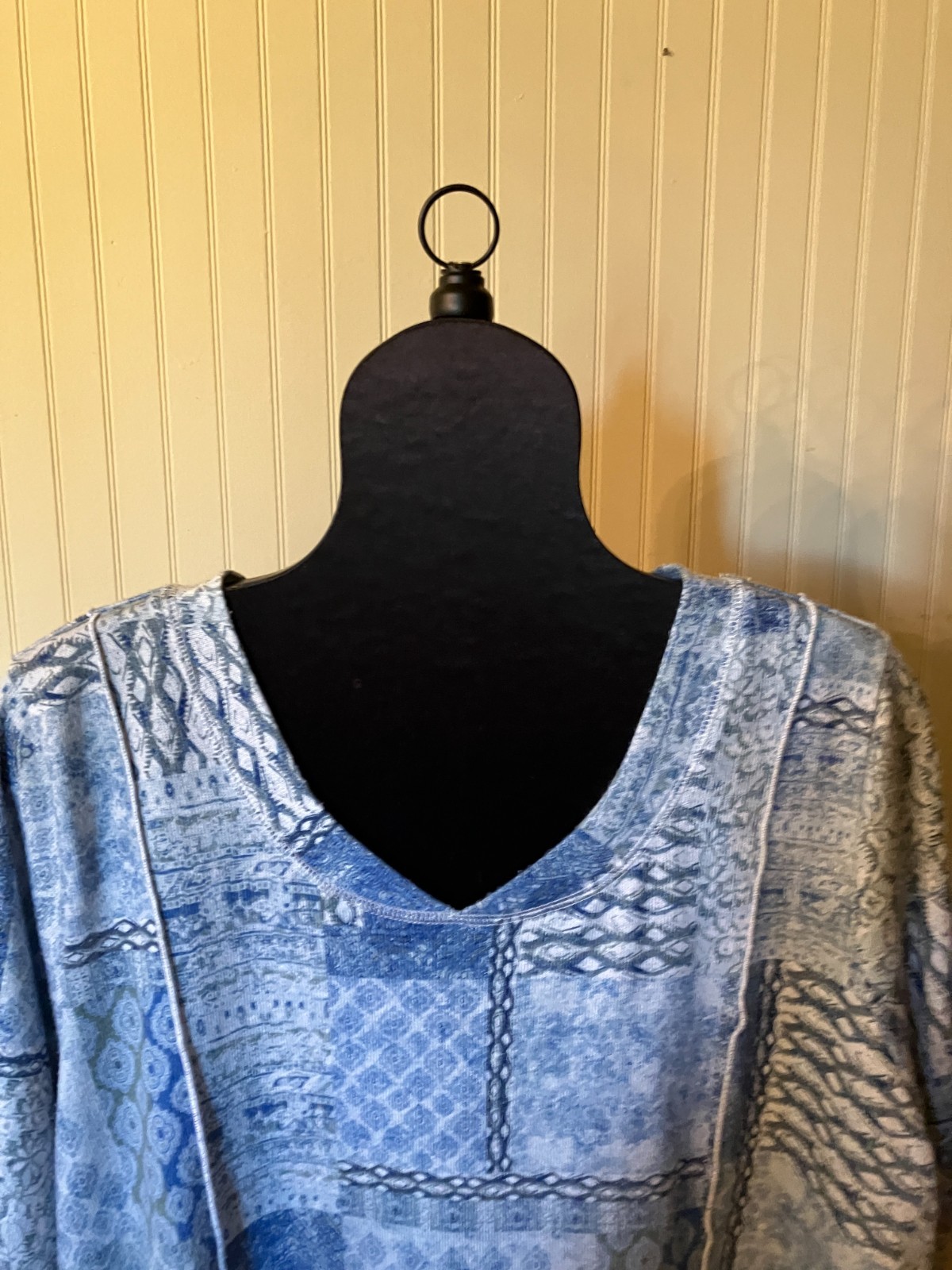 Cj Banks ~2X~Artsy Blue Patchwork Print~L/ SLV~Boho/Hippie Flared Knit Tunic Top
