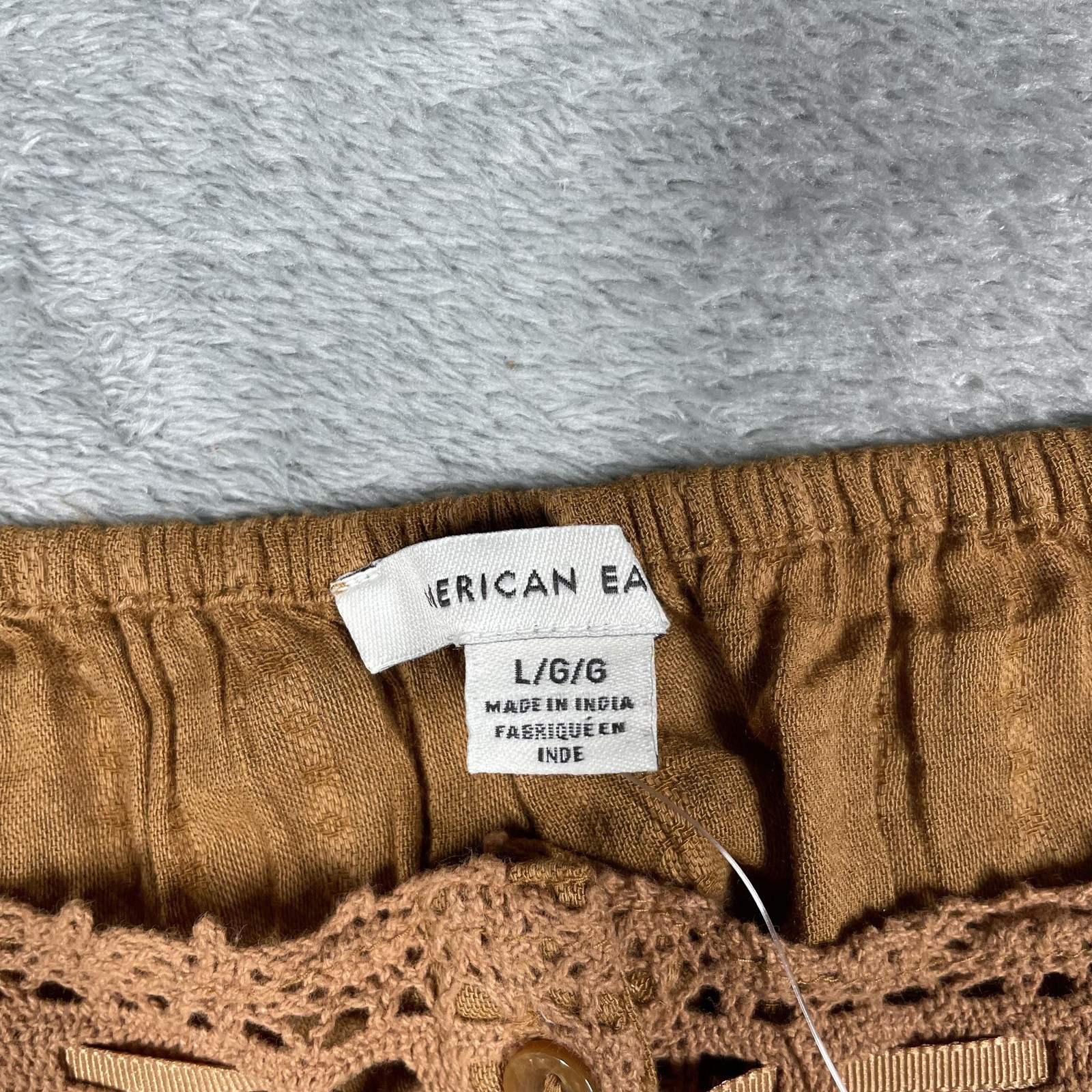 American Eagle Shirt Womens Large Brown Boho Peasant Lace Eyelet Top Blouse