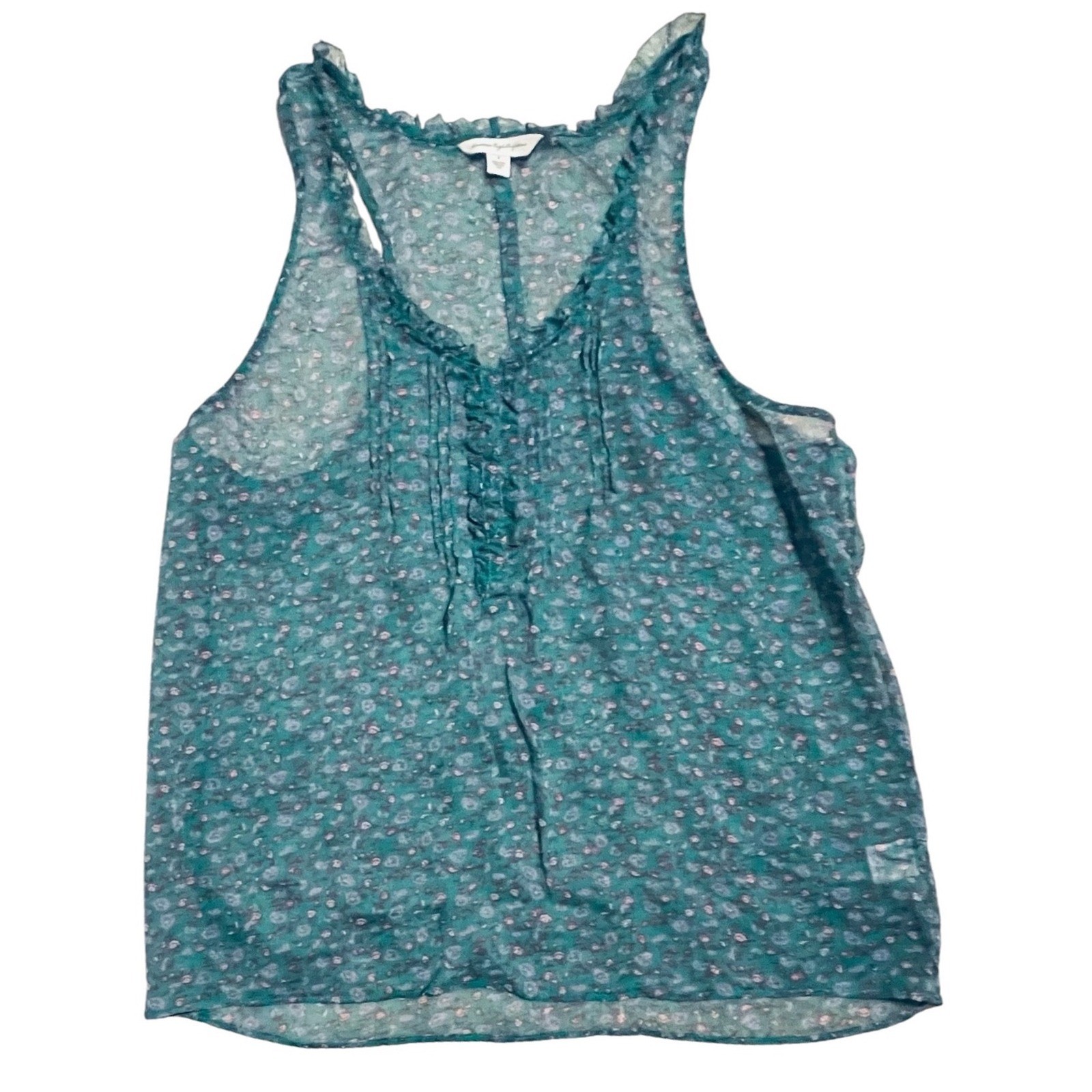 American Eagle Floral Green Sheer Ruffle Tank Top Size S Boho Racerback Pintuck