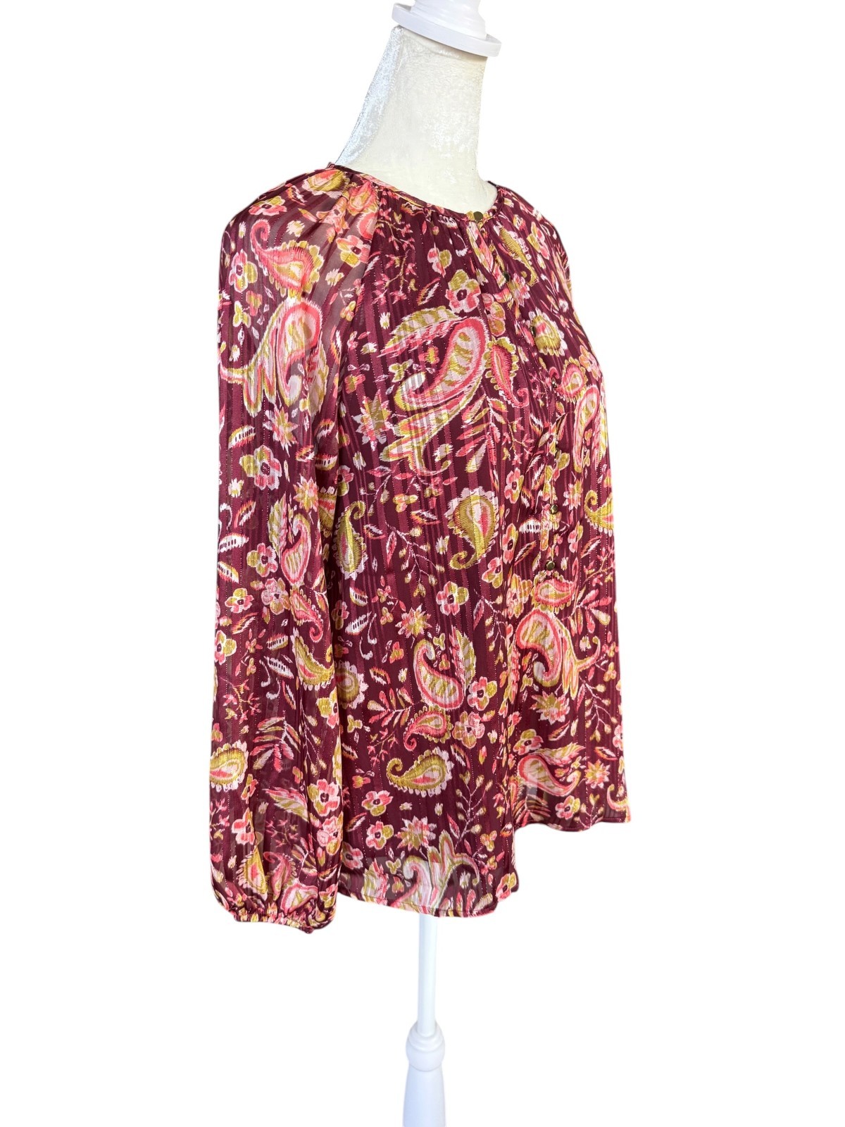 West.K burgundy and pink paisley floral long sleeve lined blouse size small