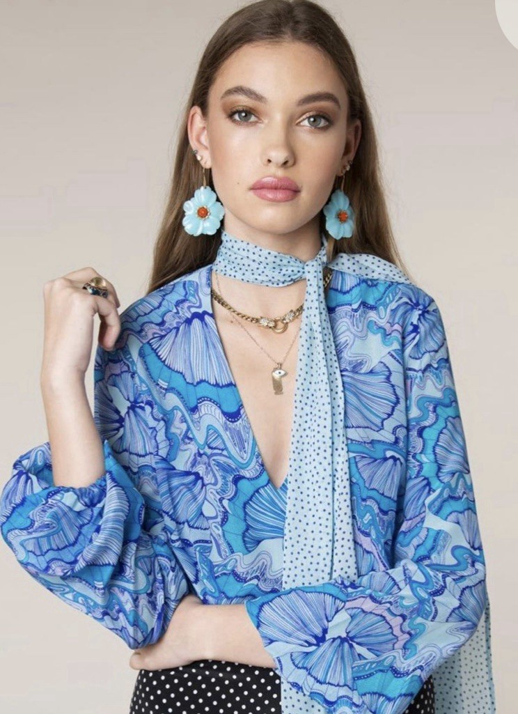 RIXO LONDON PSYCHEDELIC SHELL ANGIE TOP – PASTEL BLUE. Medium