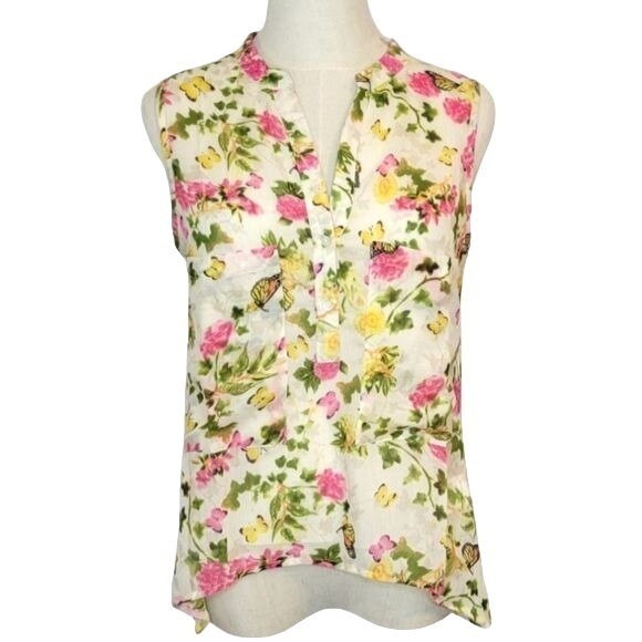 Olé Koton Cutout High Low Sleeveless Half Button Floral Blouse 34