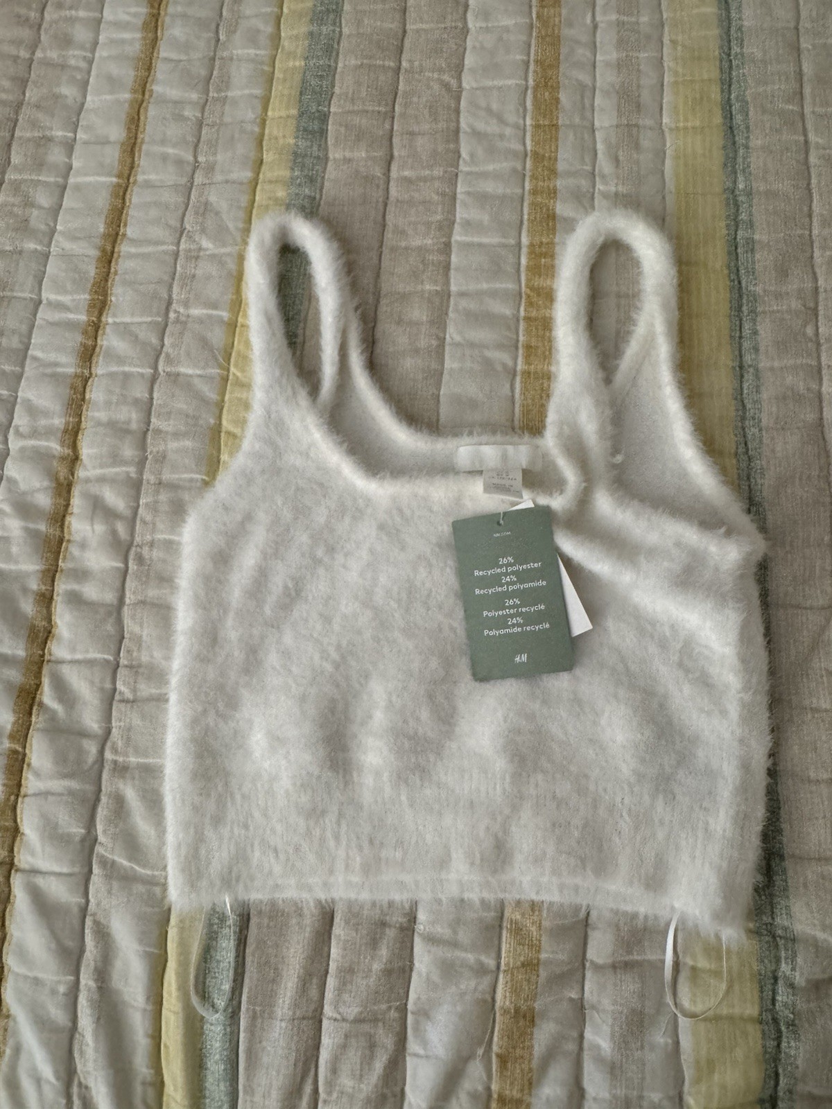 H&M White Fuzzy Knit Cami Tank Top Recycled Poly Scoop Neck Straps Size S