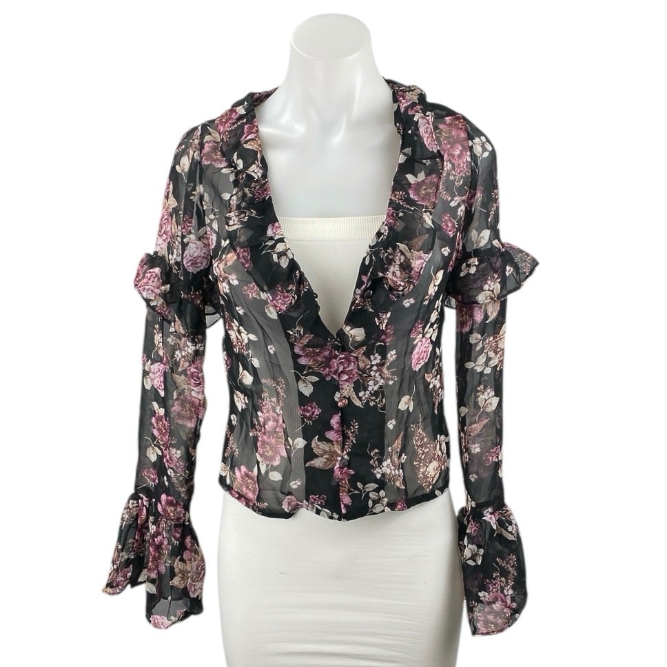 NEW Nasty Gal Black Floral Long Bell Sleeve Sheer Mesh V Neck Blouse Top Size 0