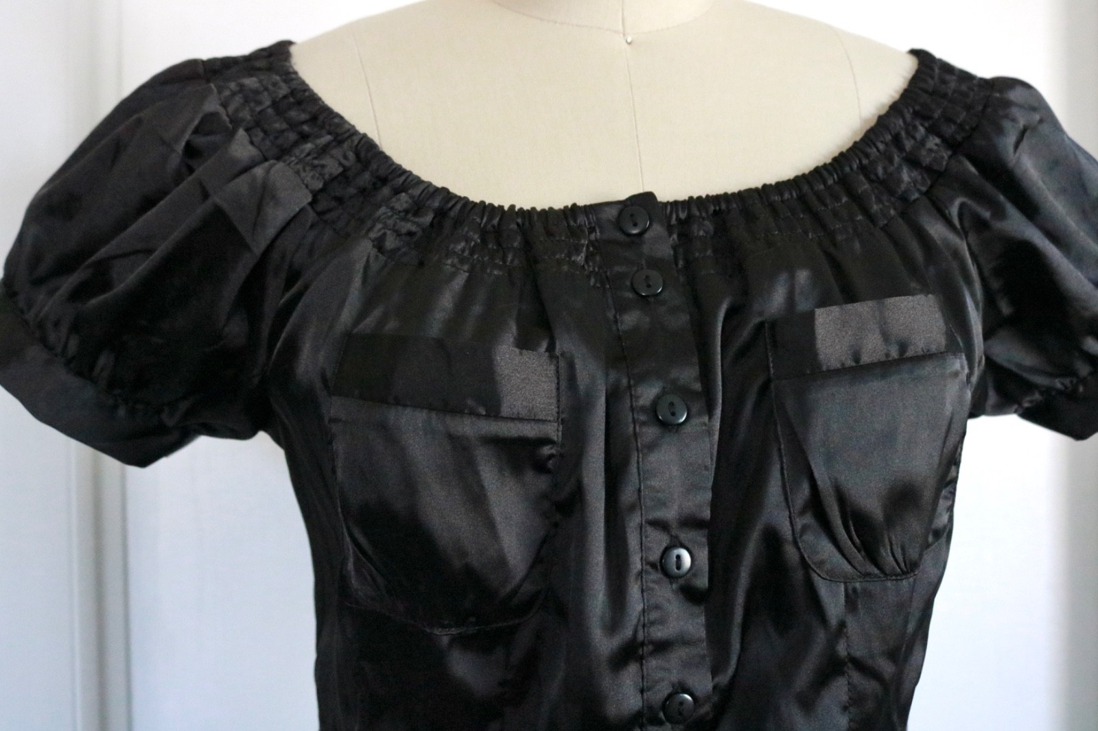 Vtg Y2K Satin Button Up S Small Blouse Black Off Shoulder Gothic 2000s Glam