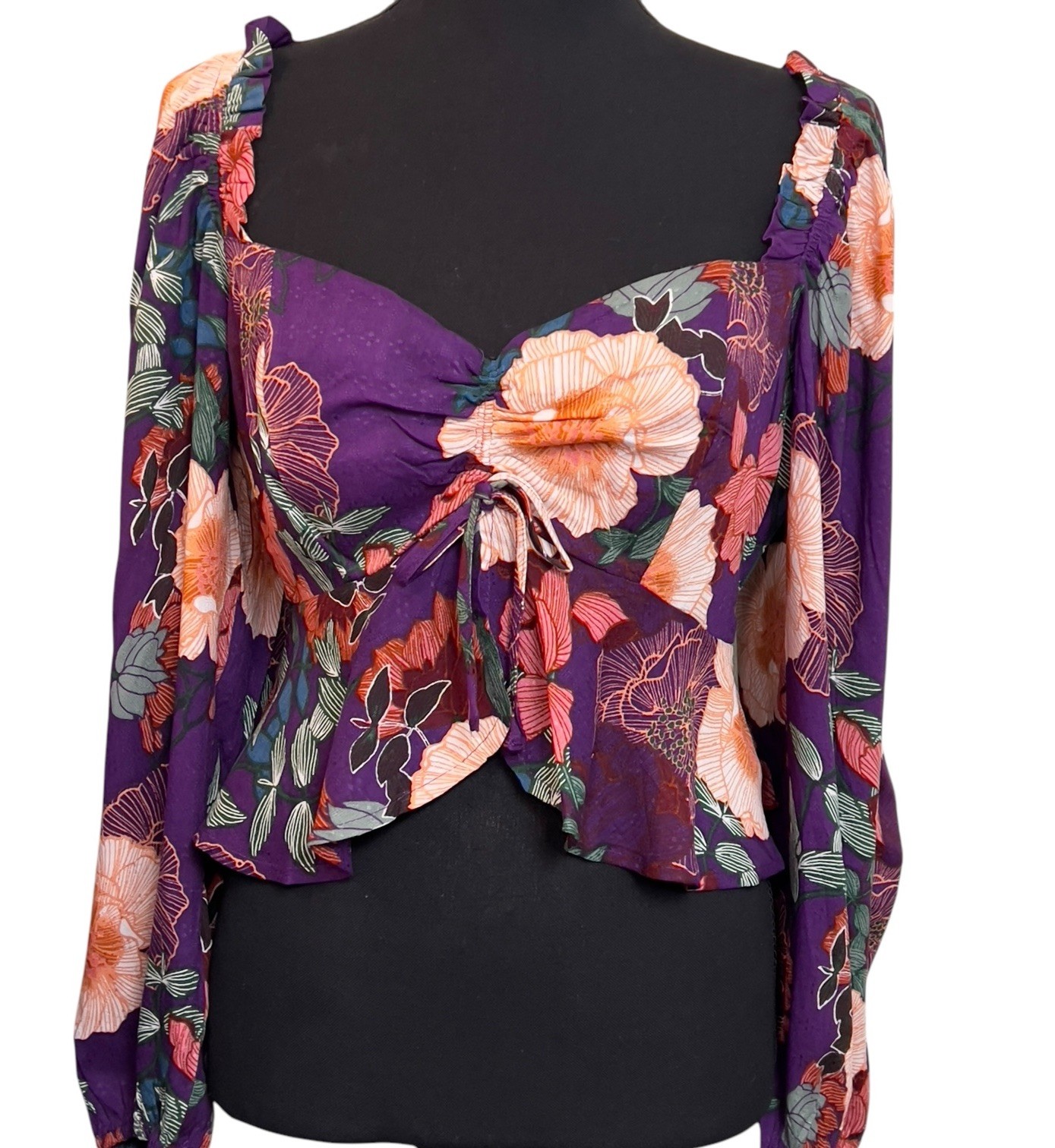 Band Of Gypsies Floriane Purple Floral Smocked Crop Top Boho Hipster Small NEW