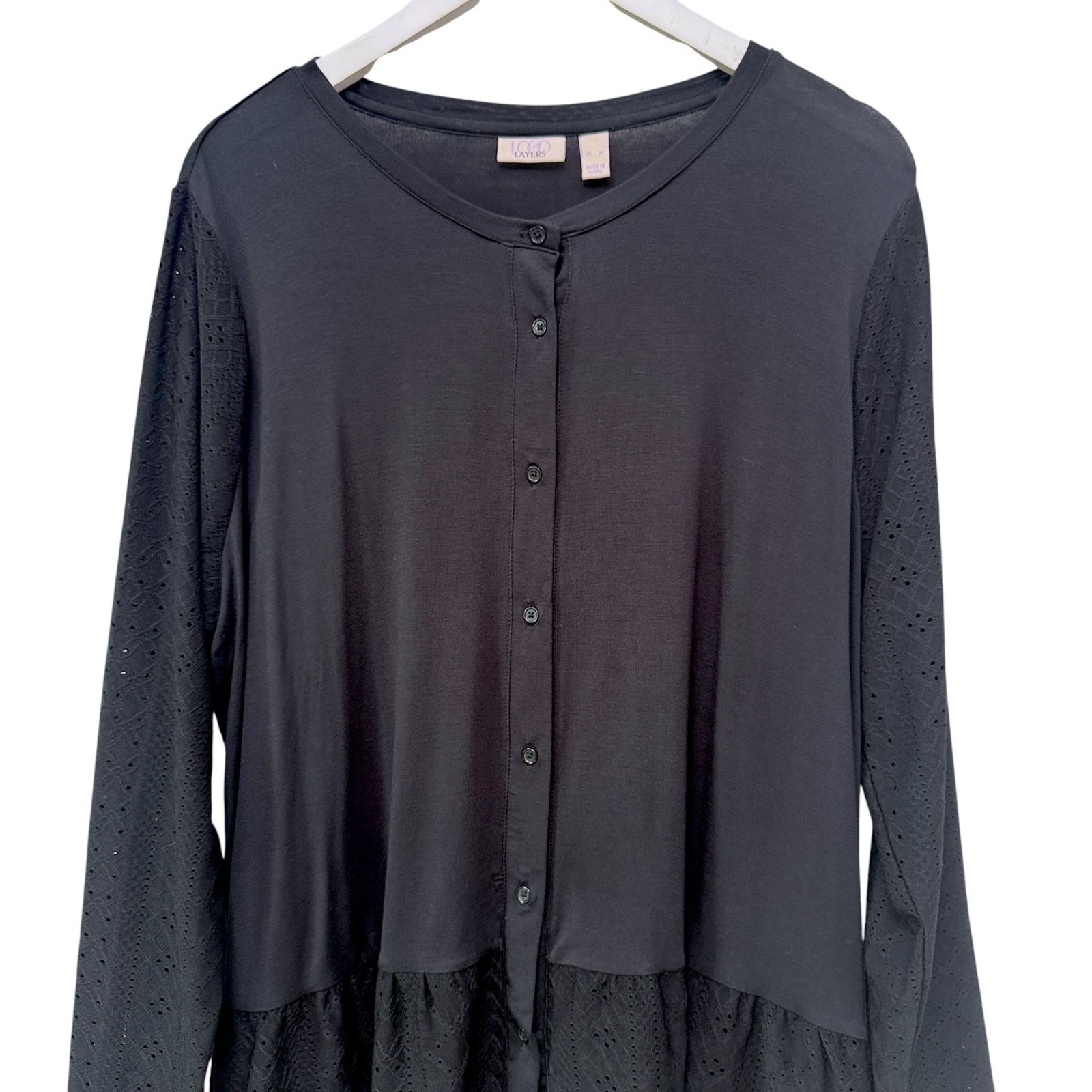 LOGO Lori Goldstein Ruffle and Eyelet Top XL Black Stretch Button Front Womens