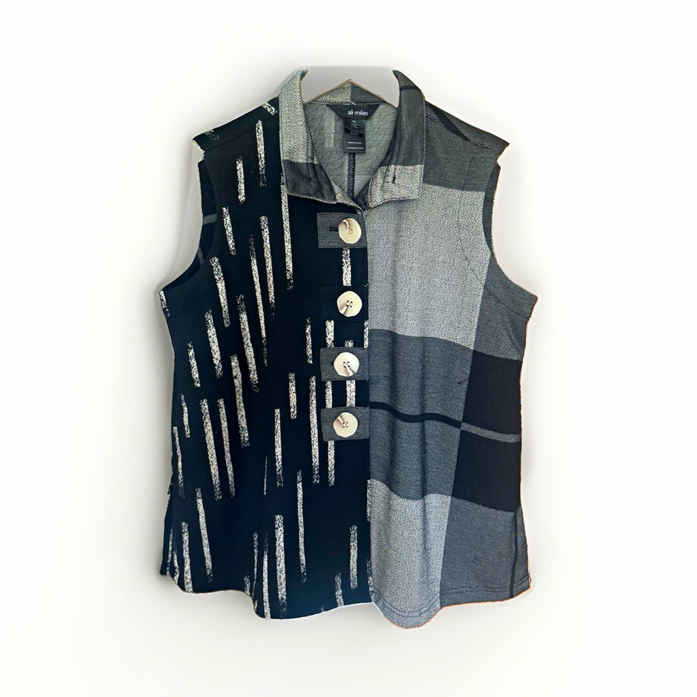 Ali Miles Womens PS Petite Black Gray Plaid Collared Sleeveless Button Top