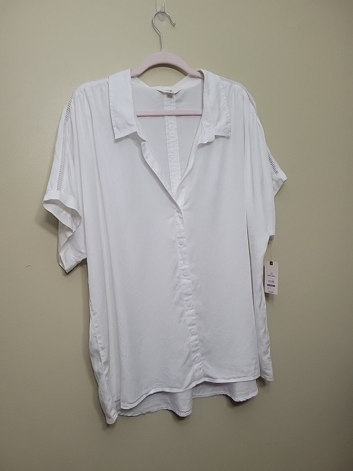 NWT Terra & Sky Plus Size 1X(16-18) White Button Up Shirt Short Sleeve Cut-outs