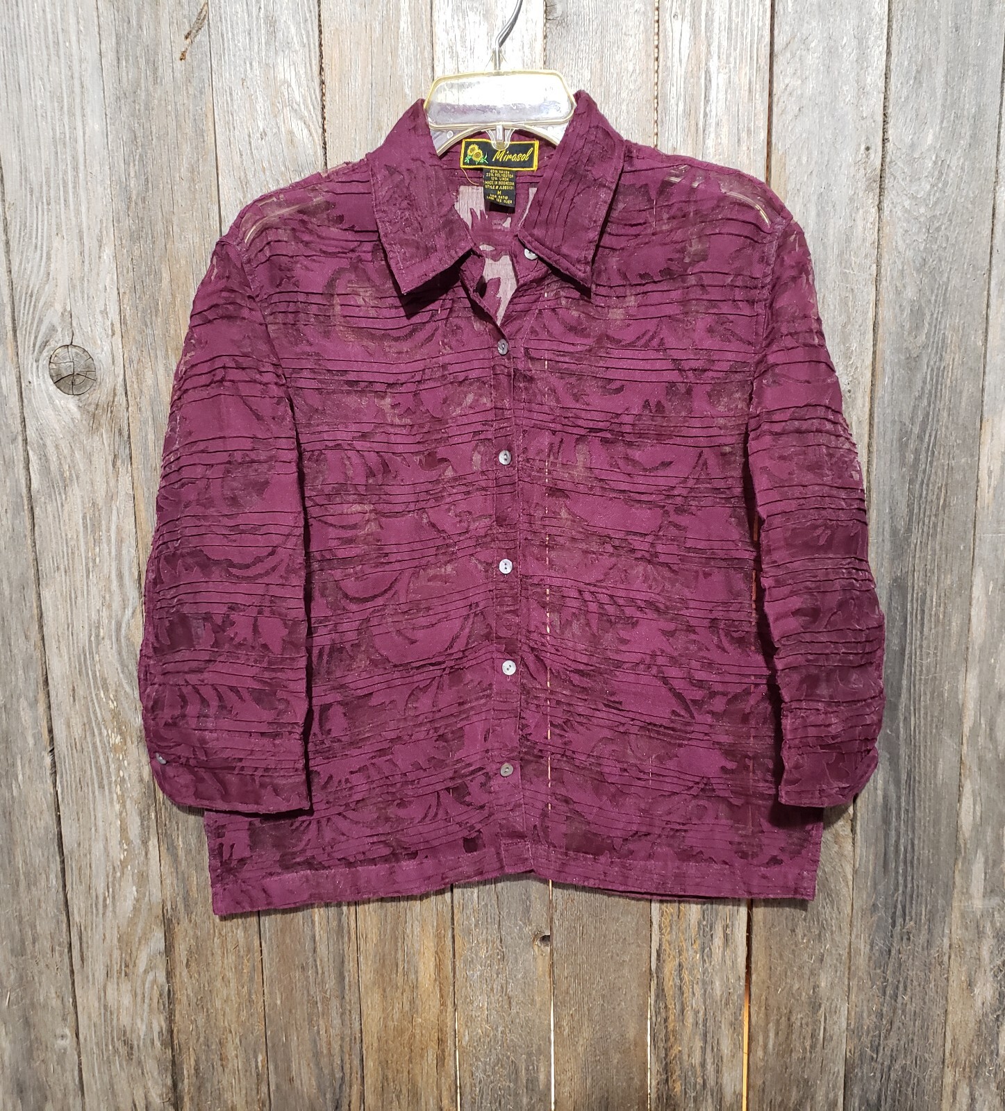 Mirasol Top Burgundy Sheer Button Burnout Office Indie Artsy Boho Chic Size M