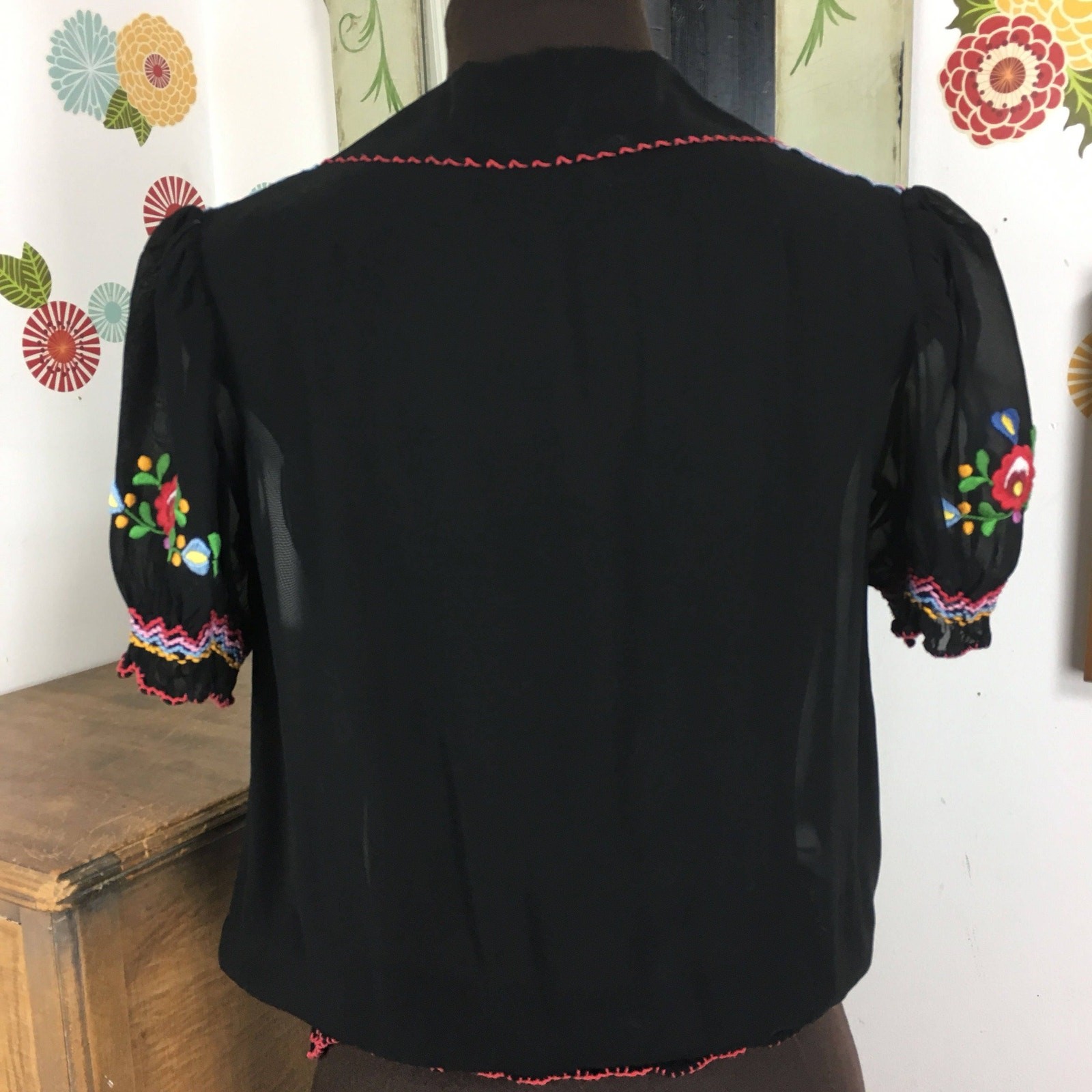 Vintage Embroidered Peasant Blouse, 1970s Sheer Black Rayon Georgette Top, XS-S