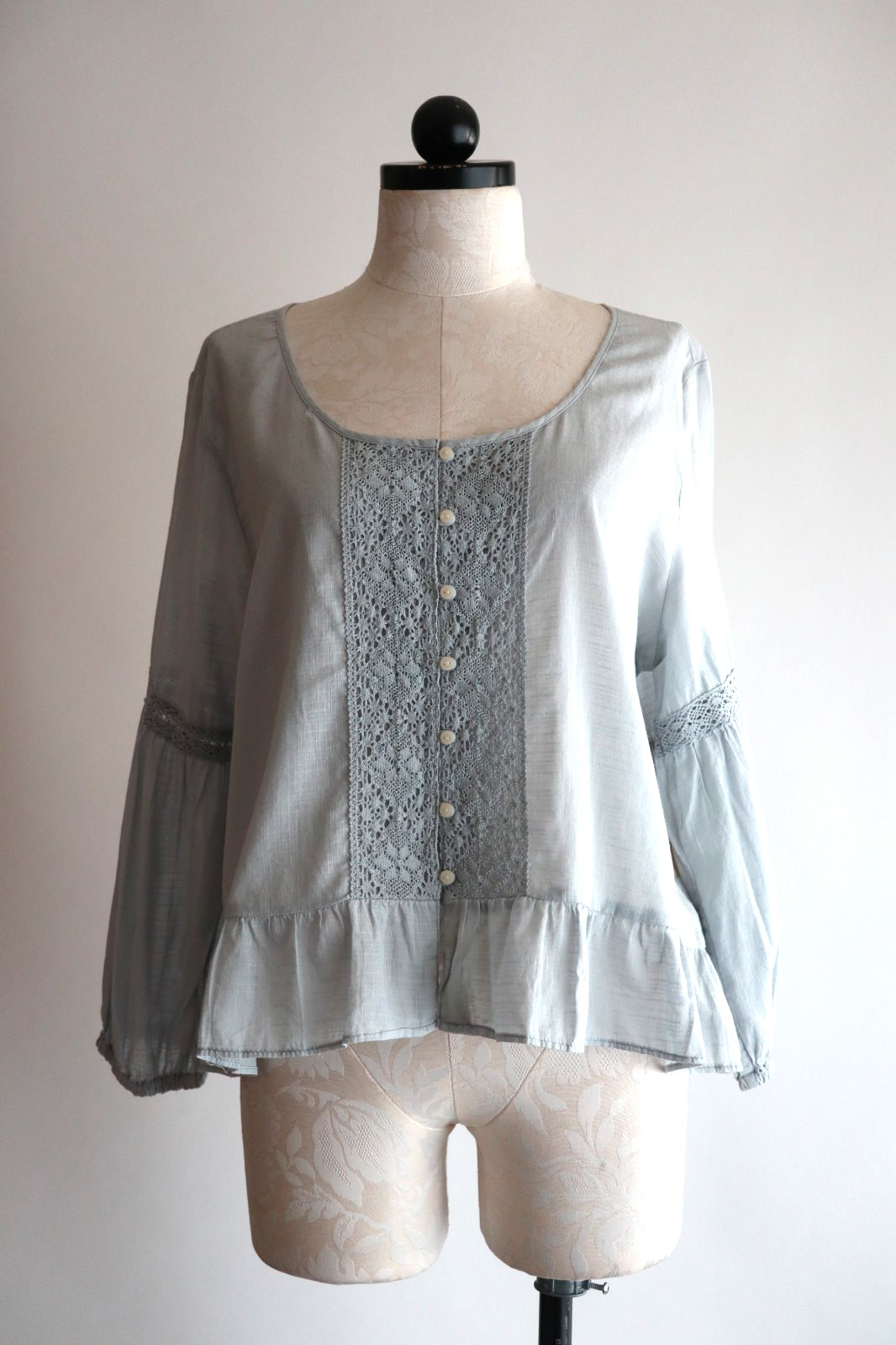 Denim & Supply Ralph Lauren Gray Blue Cotton Floral Lace Bohemian Top Women XL