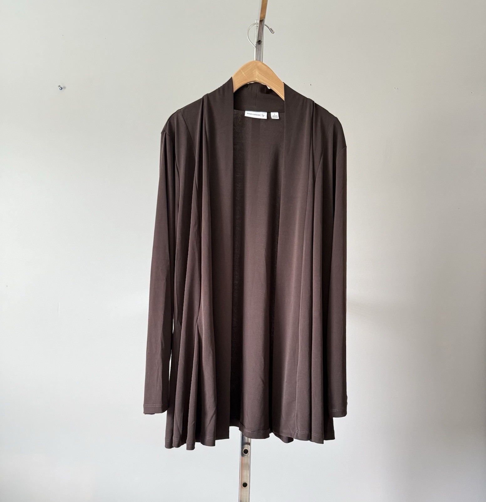 Susan Graver Liquid Knit Open Front Cardigan L Brown Riverstone A255956