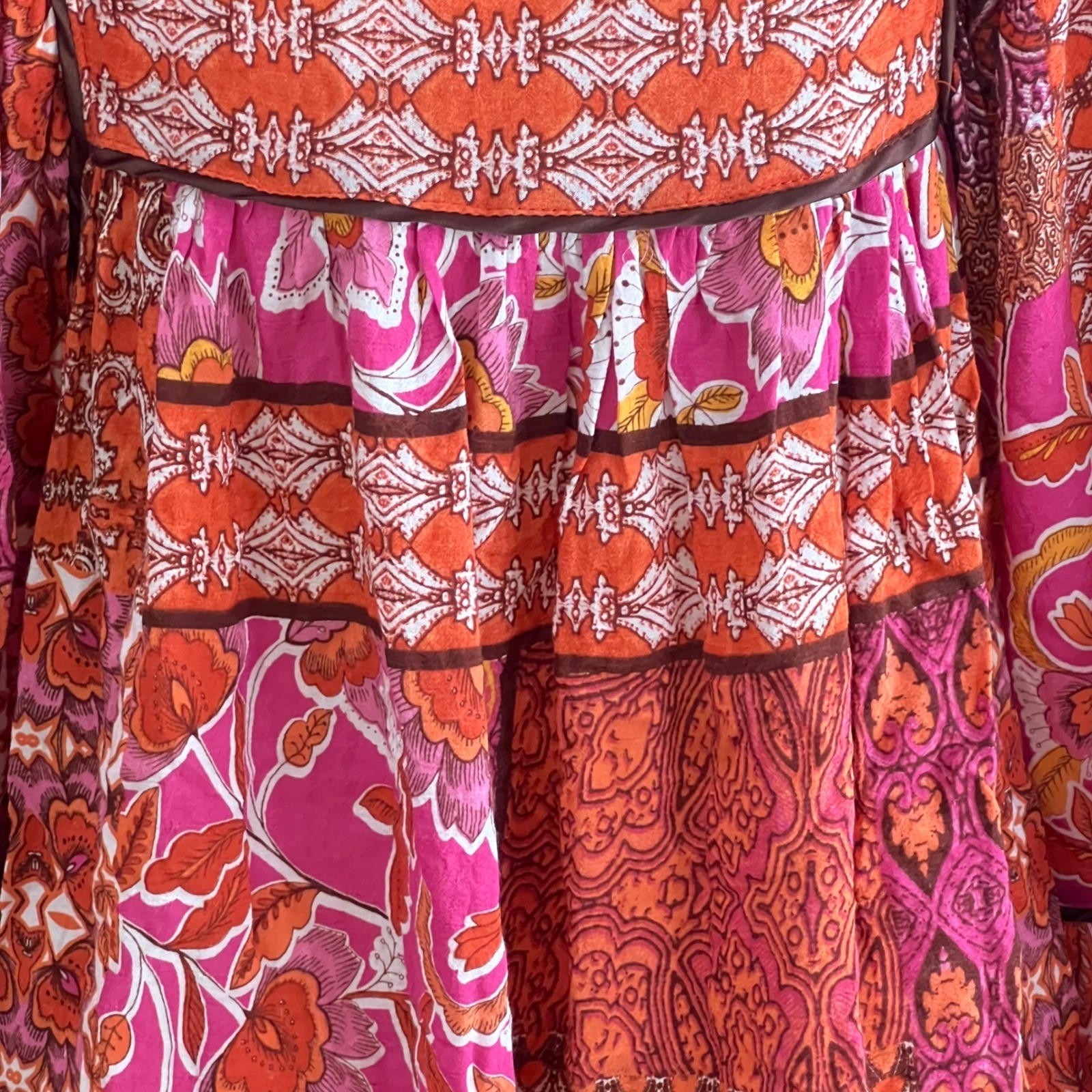 Boho Patchwork Peasant Blouse Womens Sz S Paisley Orange Pink Tassel Cottage