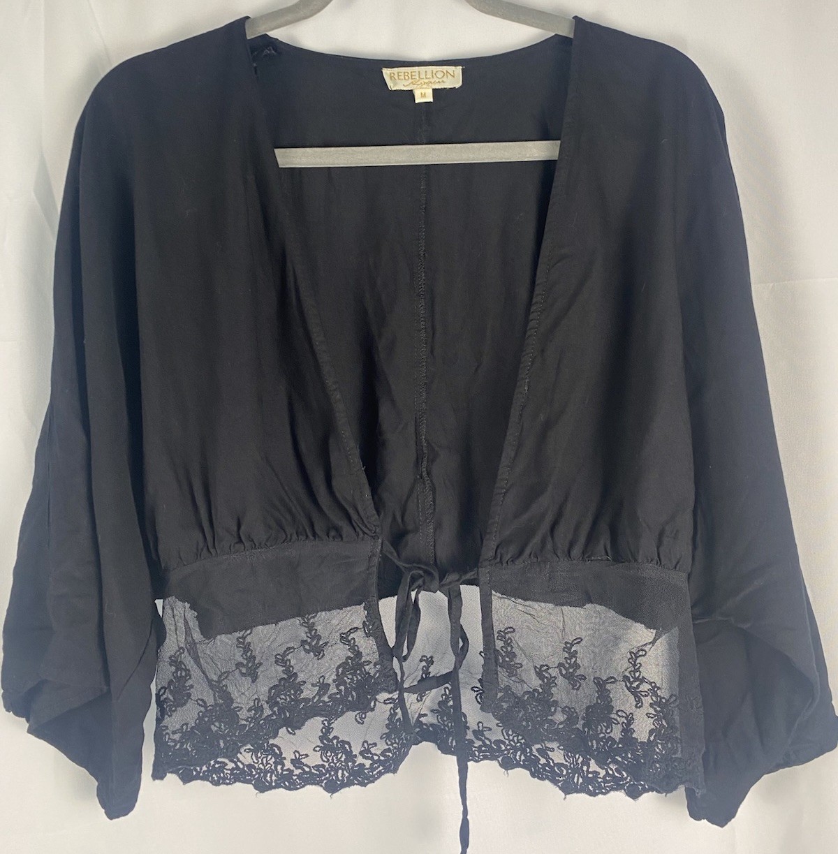 Rebellion Again Black Tie Crop Wing Sleeve Lace Festival Shrug Top Size Medium