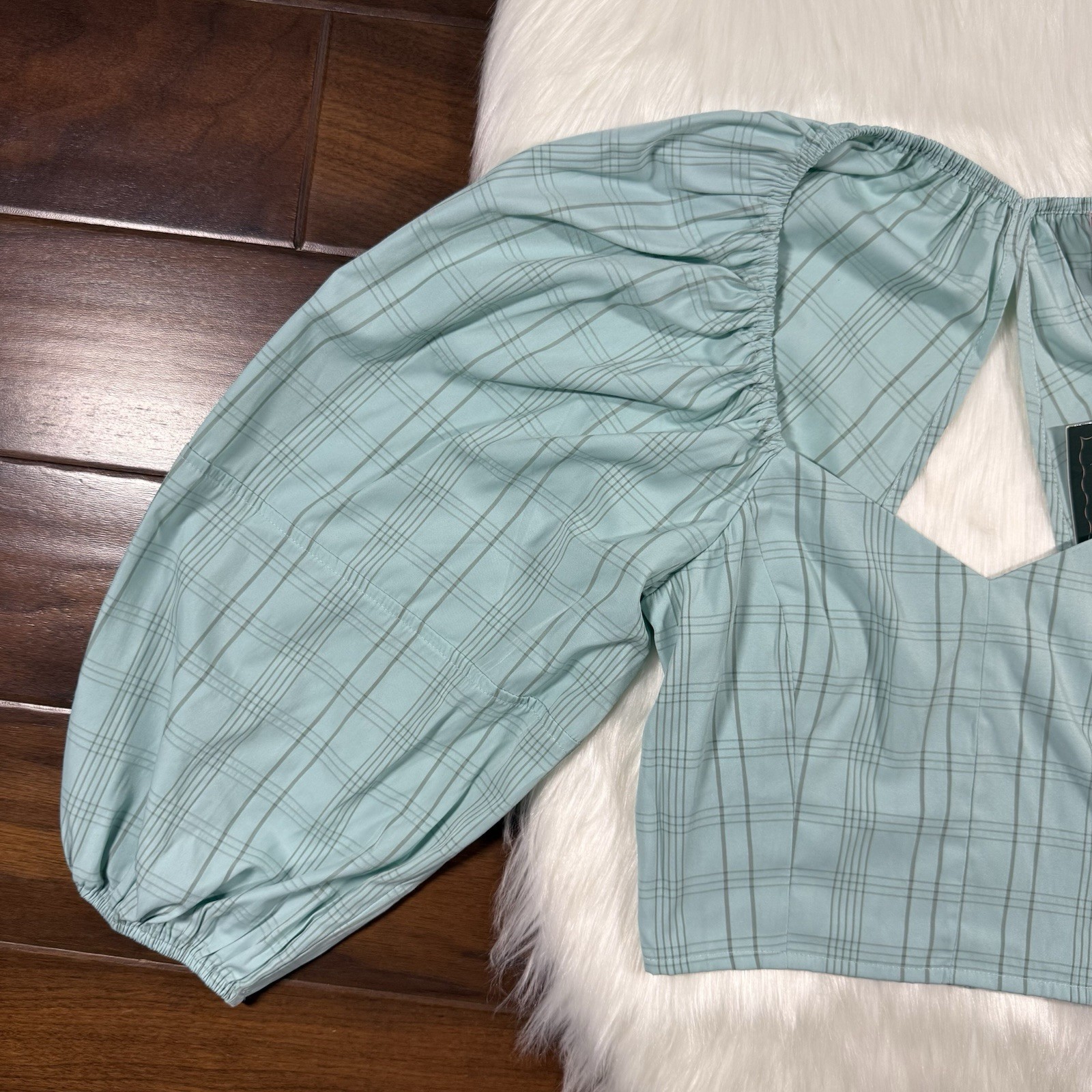 Buru Size XS Aqua Stripe Sweetheart Neck Balloon Sleeve Bustier Cropped Top
