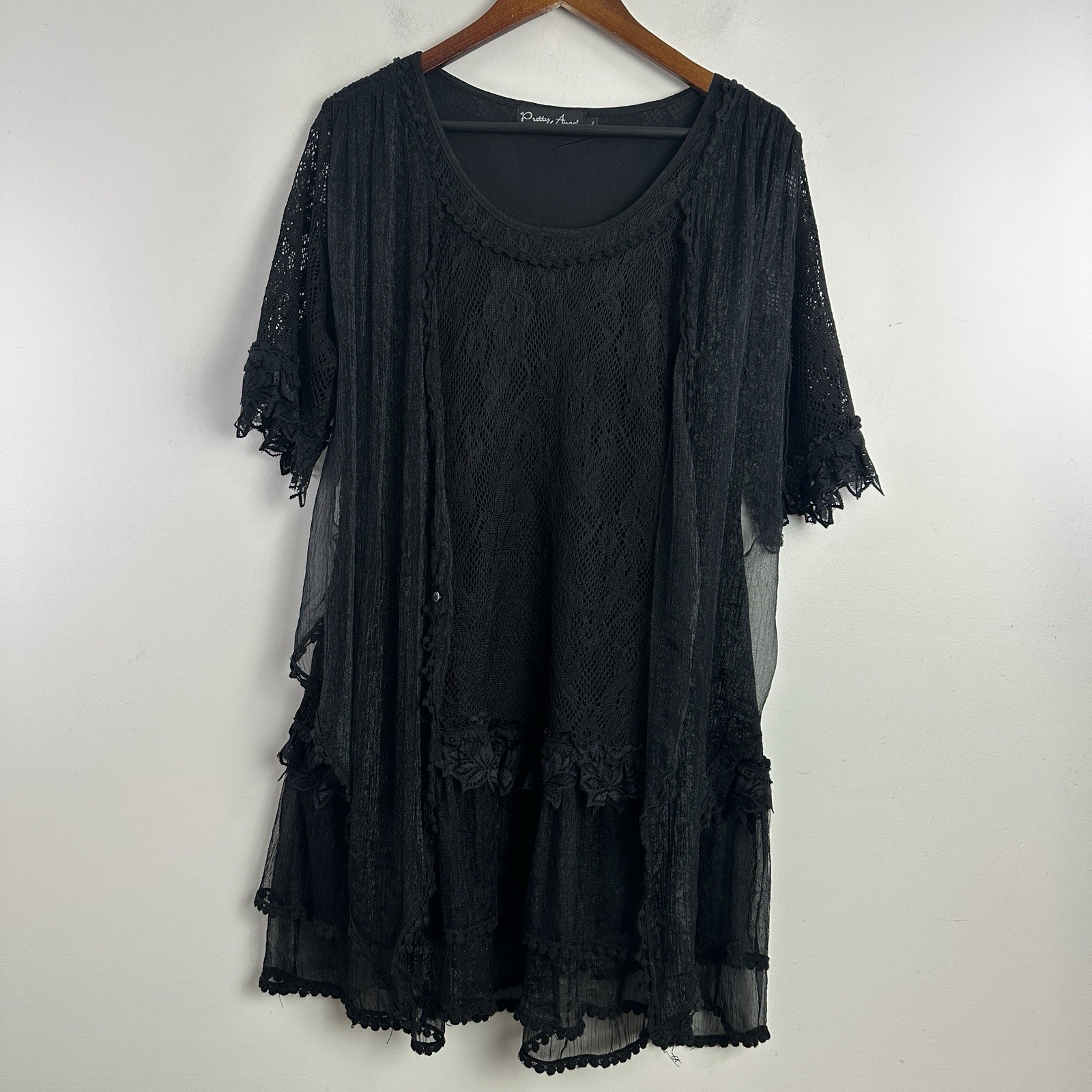 Pretty Angel Black Layered Lace Linen Blend Tunic Top Sz L Boho Fairy Whimsy