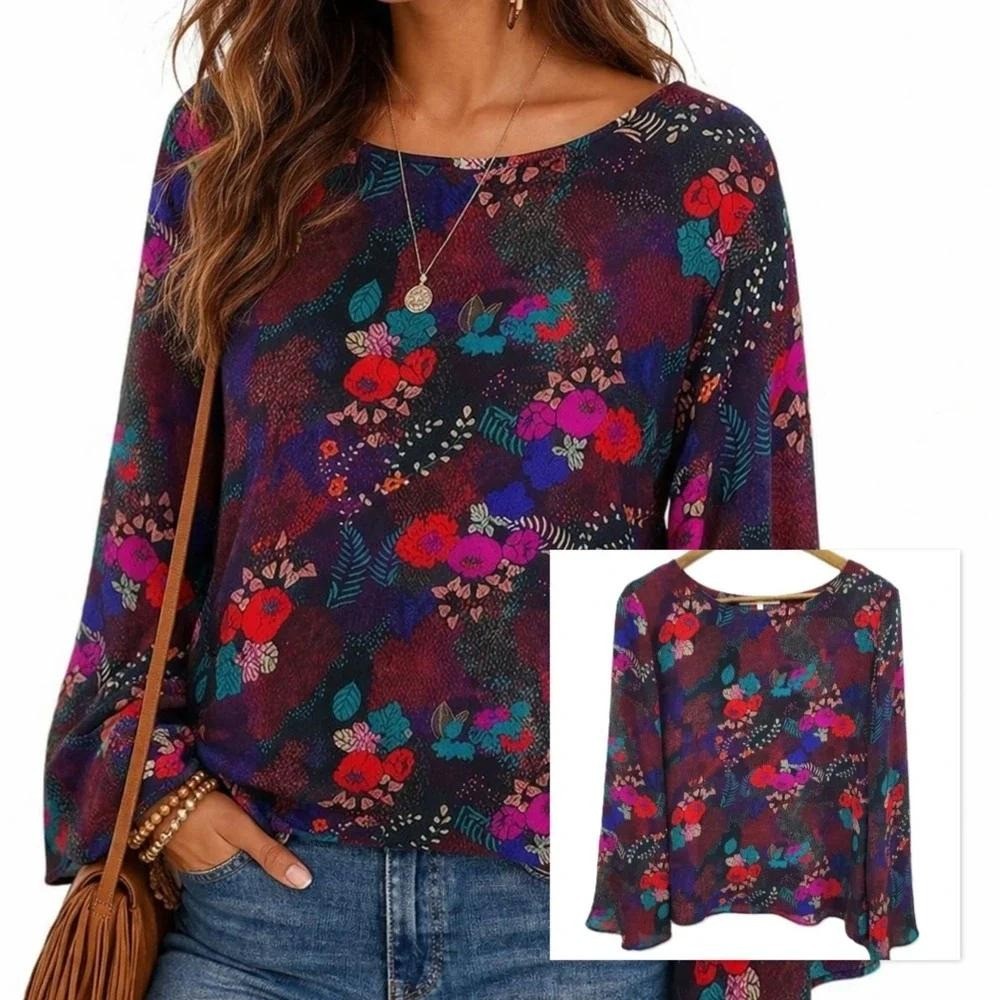 Violet & Claire Floral Chiffon Blouse Sheer Bell Sleeve Boho Flowy Vacation M