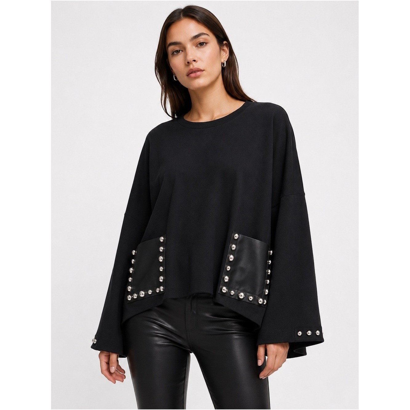 Joseph Ribkoff Black Faux Leather Pocket Studded Top Blouse Edgy Chic Designer