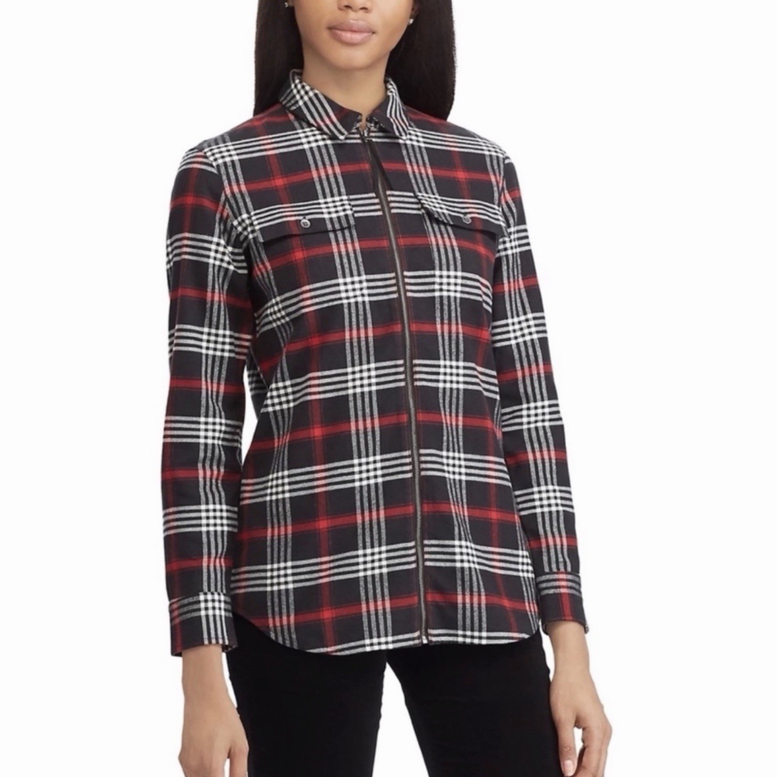 CHAPS Black Red White Plaid Flannel Zip Up Shirt Jacket Small