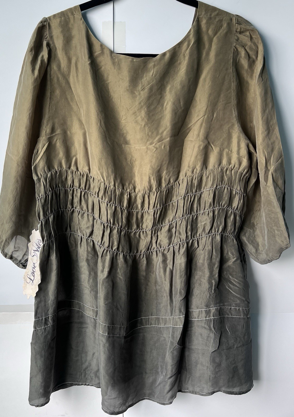 NWT Love Notes 100% silk Smocked Tunic Top XL Olive Khahi Boho Bishop Sleeve
