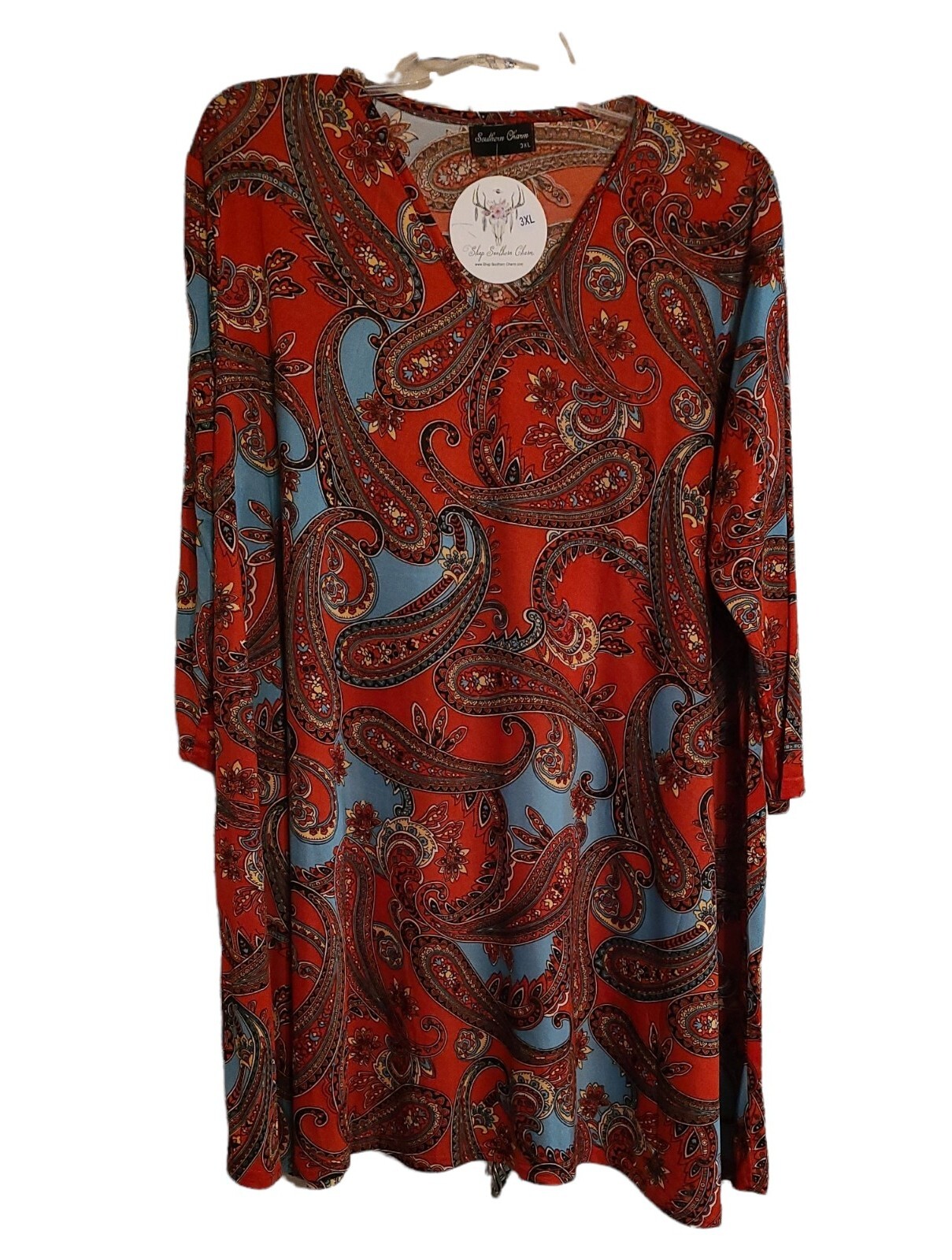 3XL Southern Charm Red and Turquoise Paisley Flutter Tunic V Neck 3/4 Sleeves