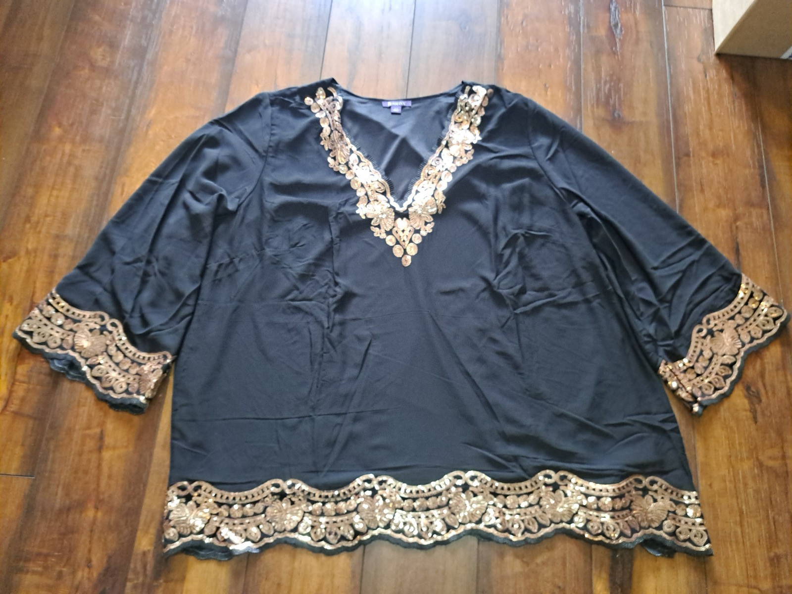 Roaman’s 32W Black Top w/ Gold Sequins Tunic Pullover *FITS BUST 60″/ HIPS 66″