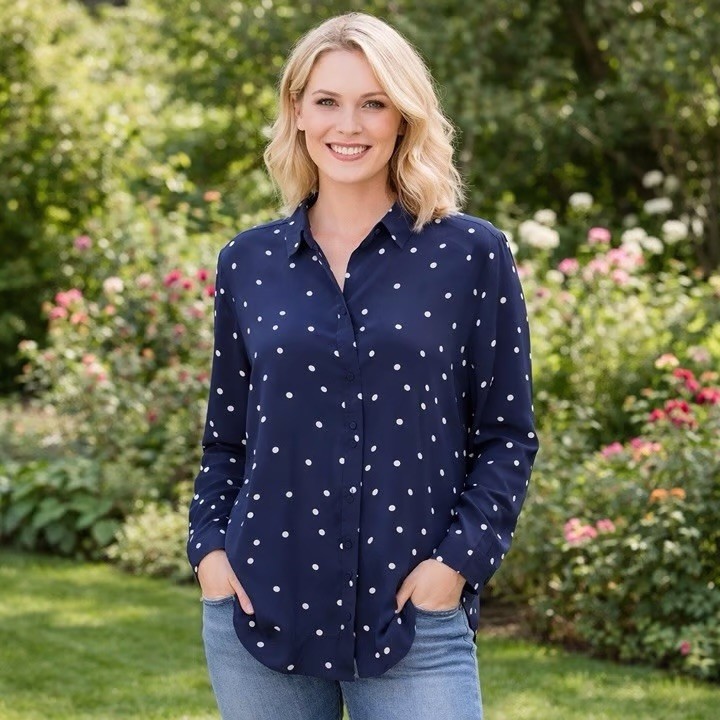 Lola River Button Up Shirt Blouse Womens Sz L Navy Blue Polka Dot Long Sleeve